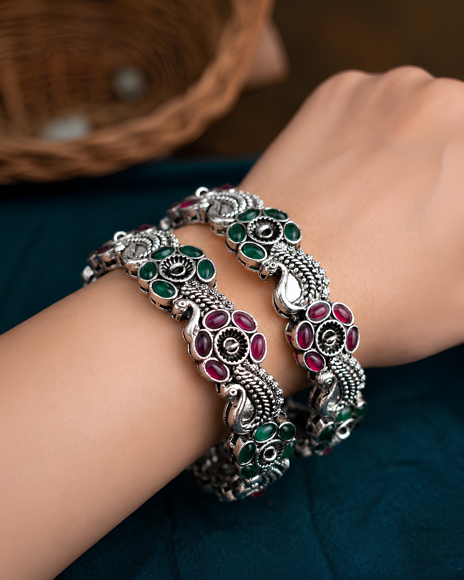Oxidized Floral Peacock Motif Ruby & Emerald Kada Bangles