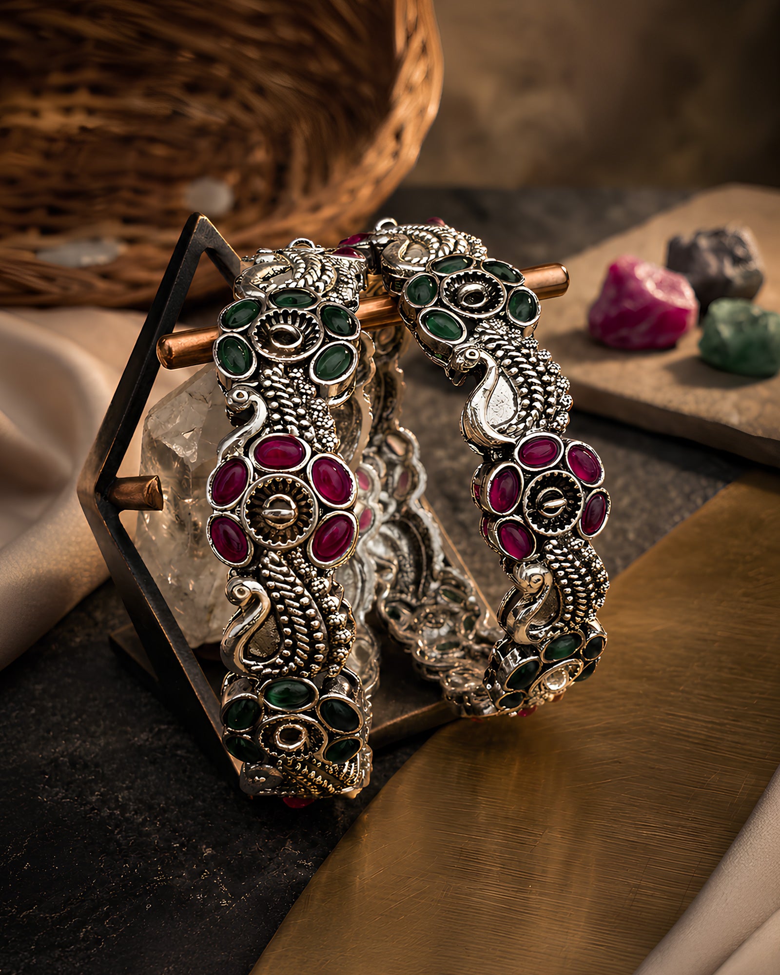 Oxidized Floral Peacock Motif Ruby & Emerald Kada Bangles