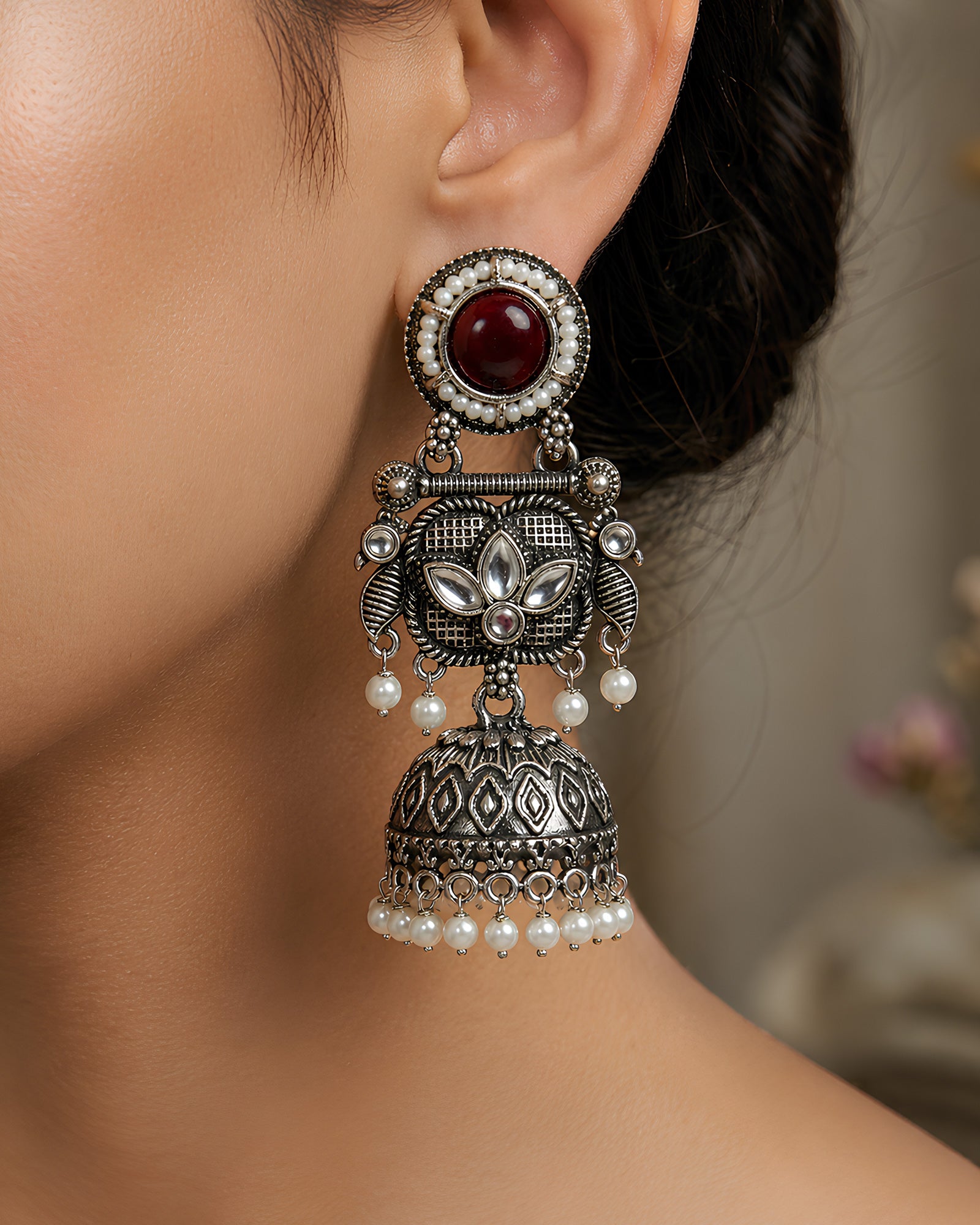 Oxidized Floral Stone & Pearl Jhumka Earrings