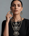 Oxidized Layered Shield & Leaf-Fringed Necklace Set