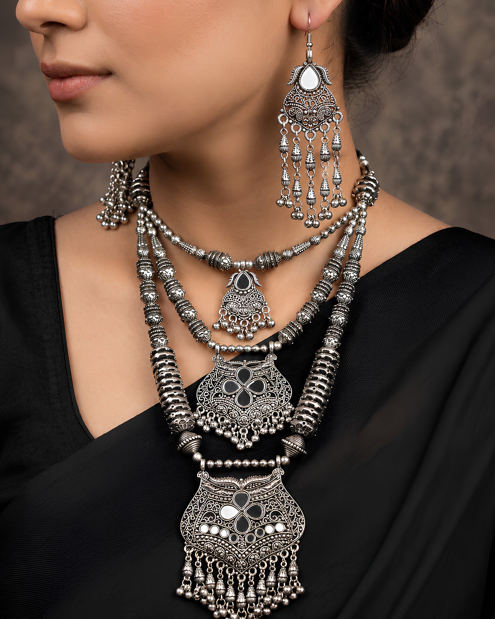 Oxidized Layered Tribal Shield & Mirror-Work Necklace Set