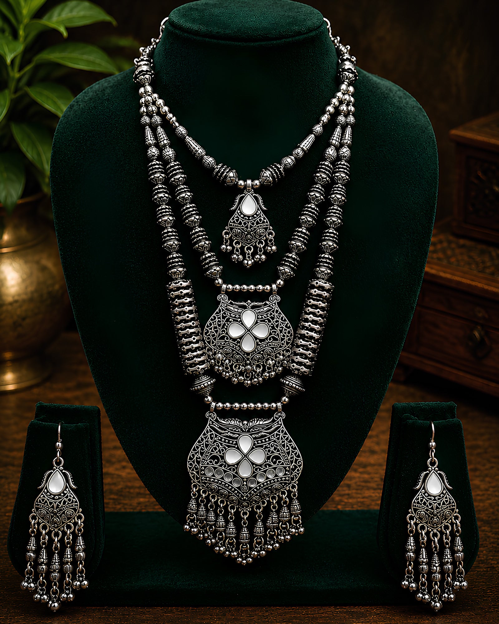 Oxidized Layered Tribal Shield & Mirror-Work Necklace Set
