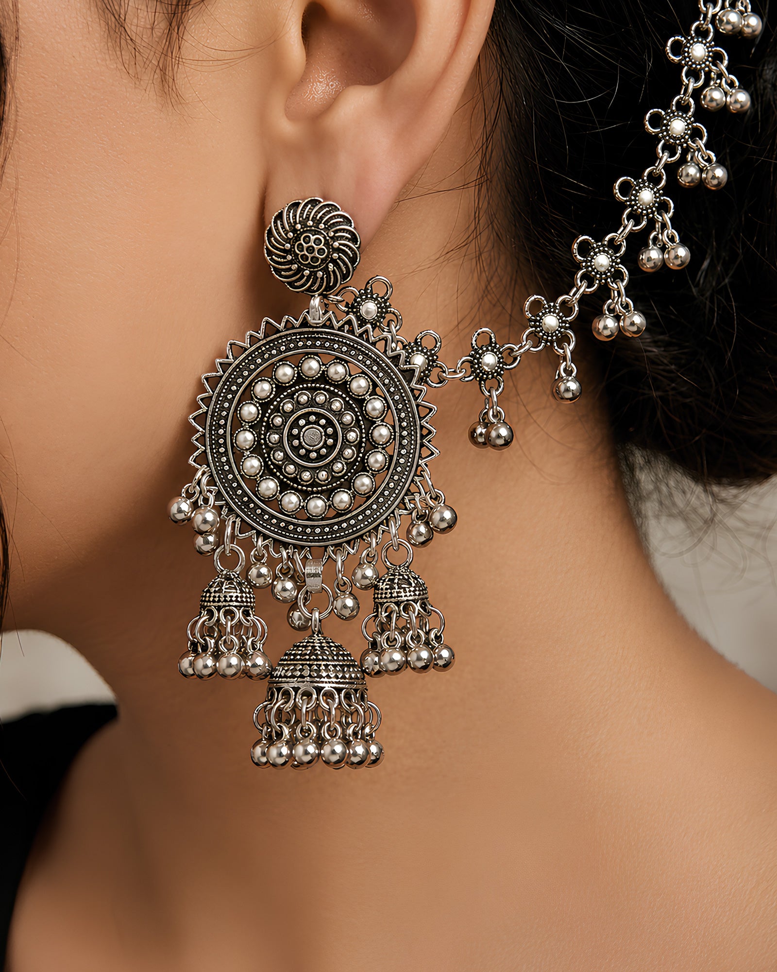 Oxidized Mandala Bahubali Jhumka Earrings