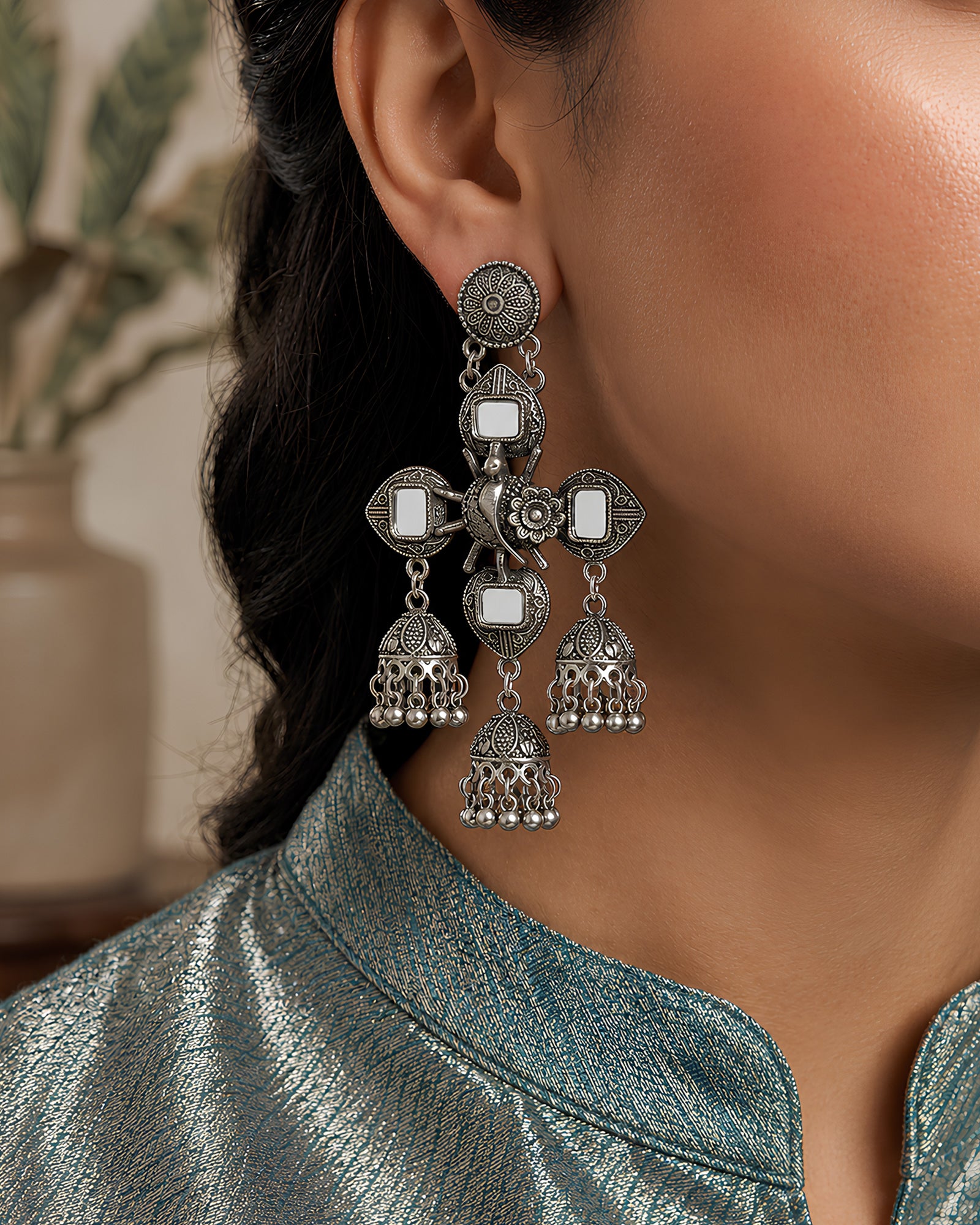 Oxidized Mirror & Multi-Jhumka Cross Earrings