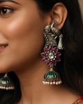 Oxidized Peacock & Magenta Floral Jhumka Earrings