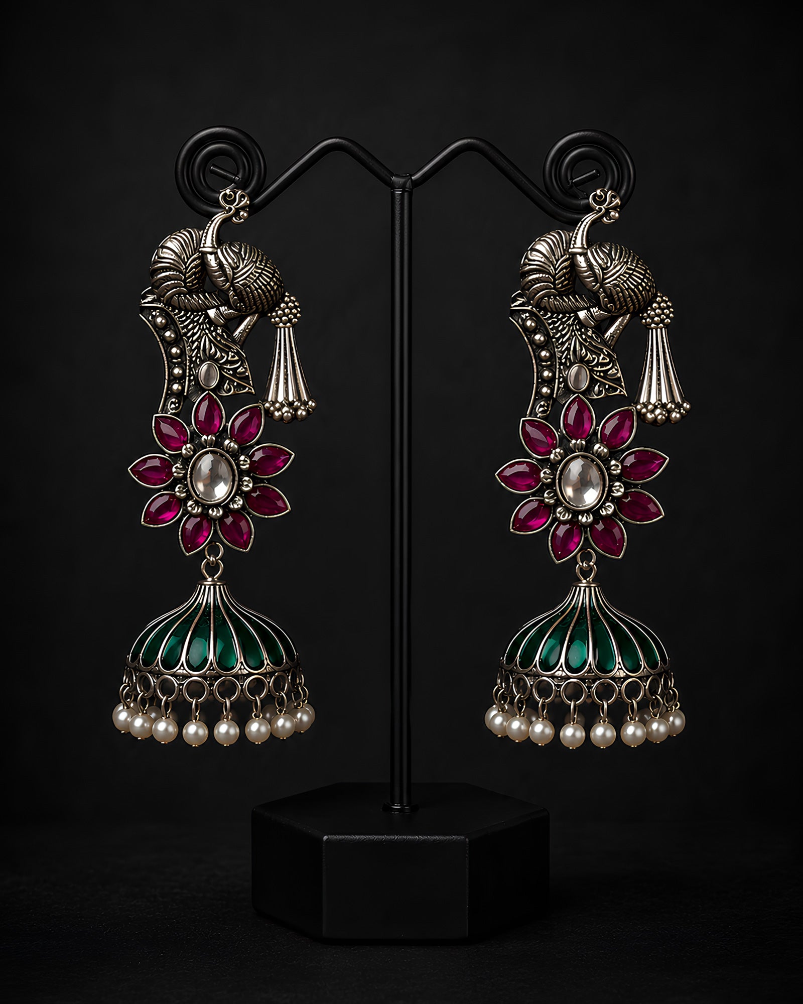 Oxidized Peacock & Magenta Floral Jhumka Earrings
