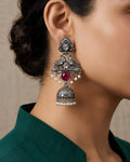Oxidized Peacock Motif Jhumka Earrings with Pink Stone