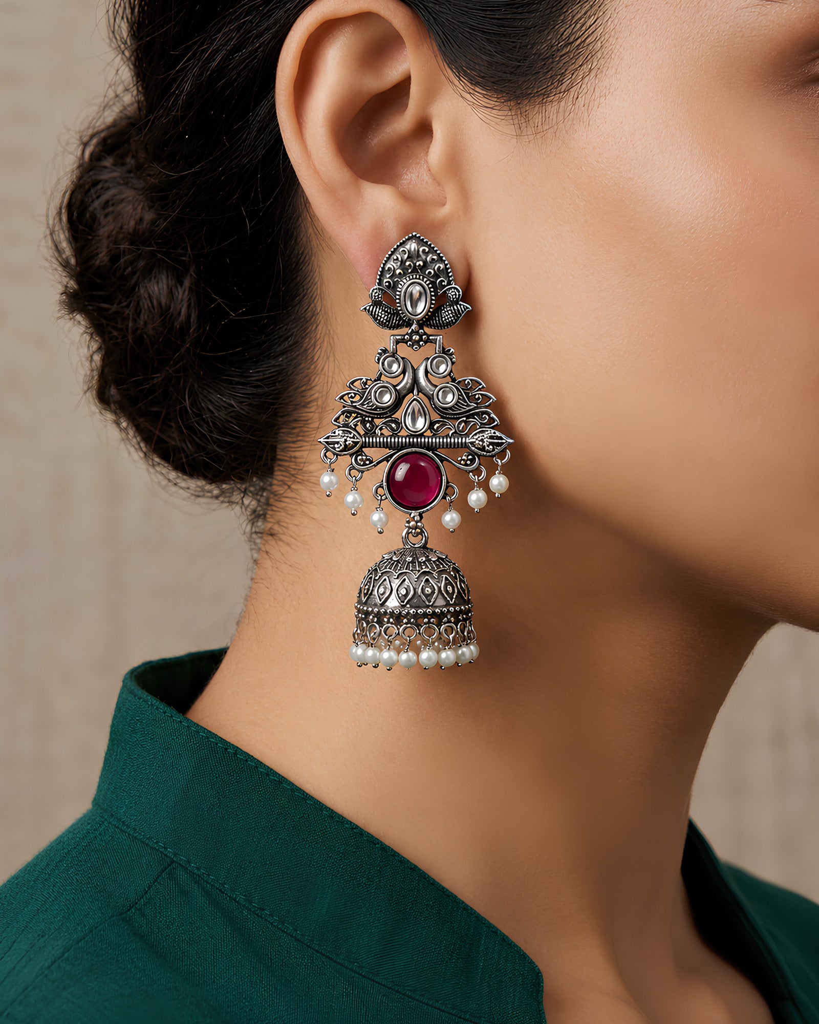 Oxidized Peacock Motif Jhumka Earrings with Pink Stone