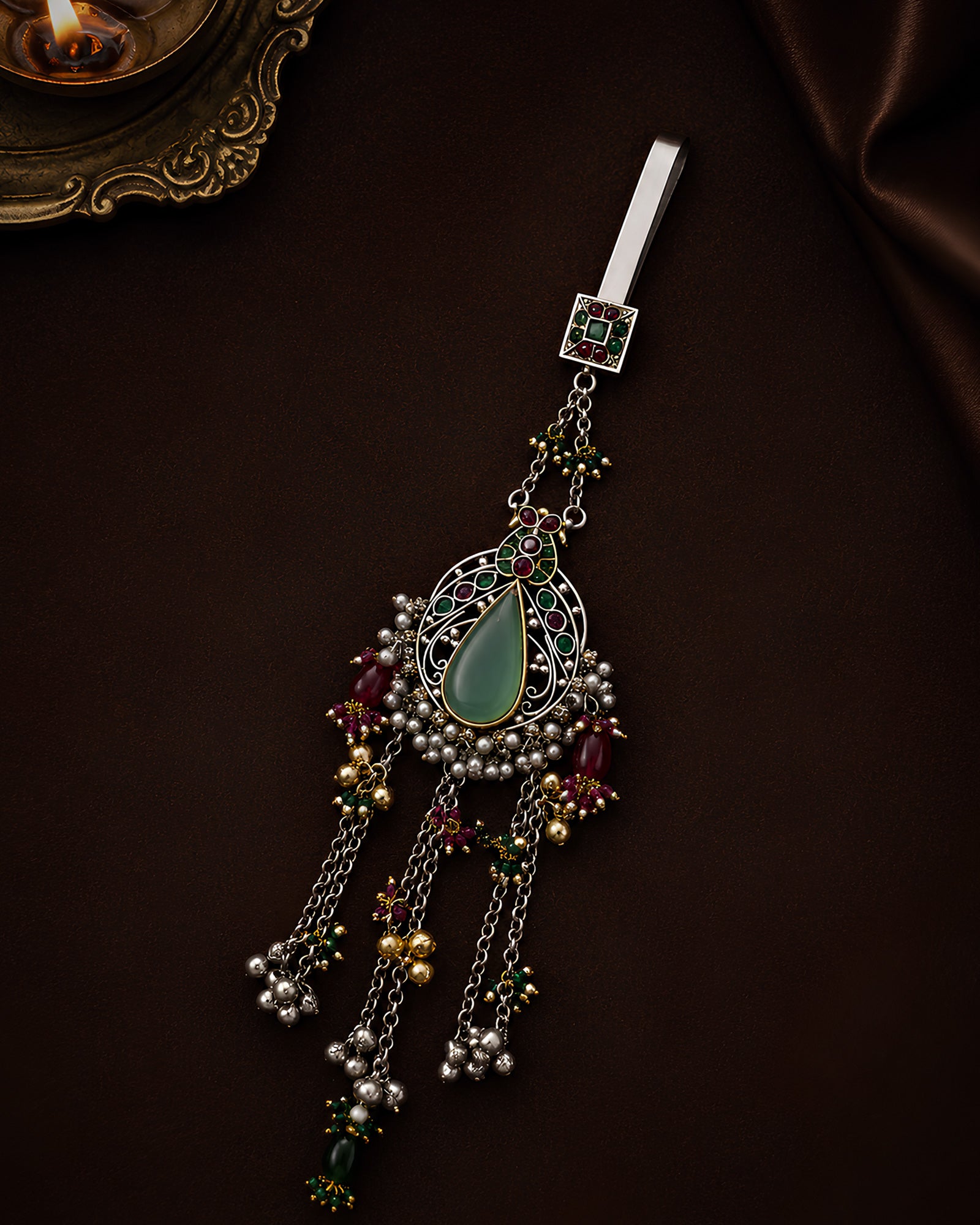 Oxidized Sage Mint Medallion & Chain Tassel Chabi Chhalla