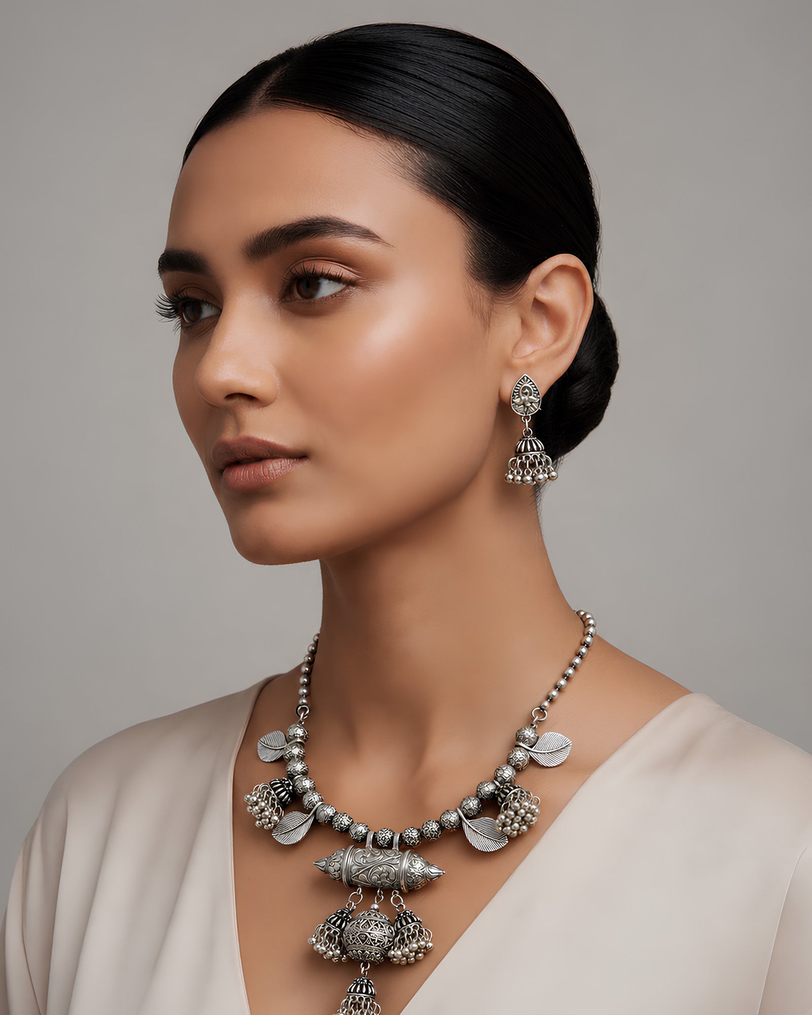 Oxidized Scroll Amulet & Leaf Charm Necklace Set