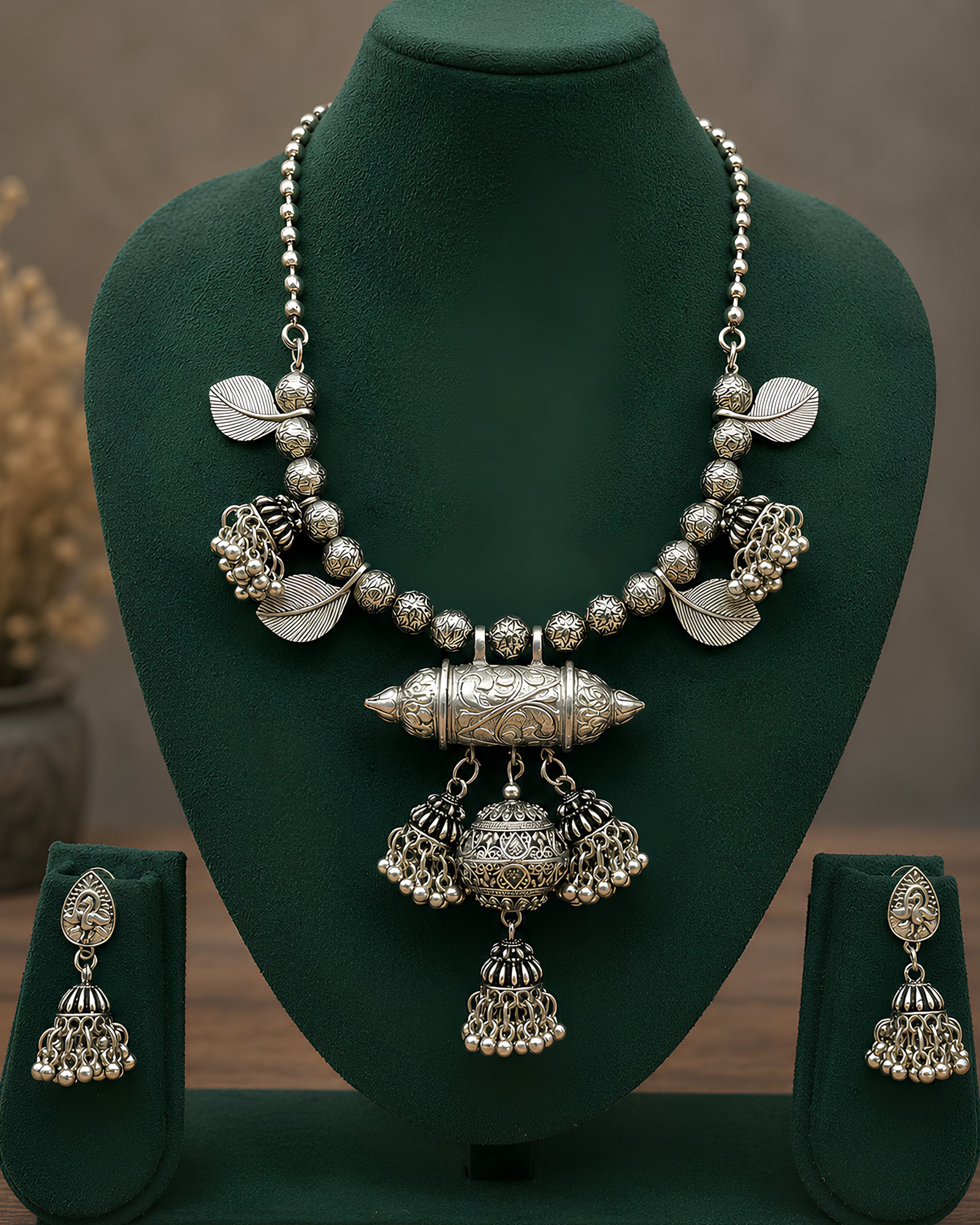 Oxidized Scroll Amulet & Leaf Charm Necklace Set