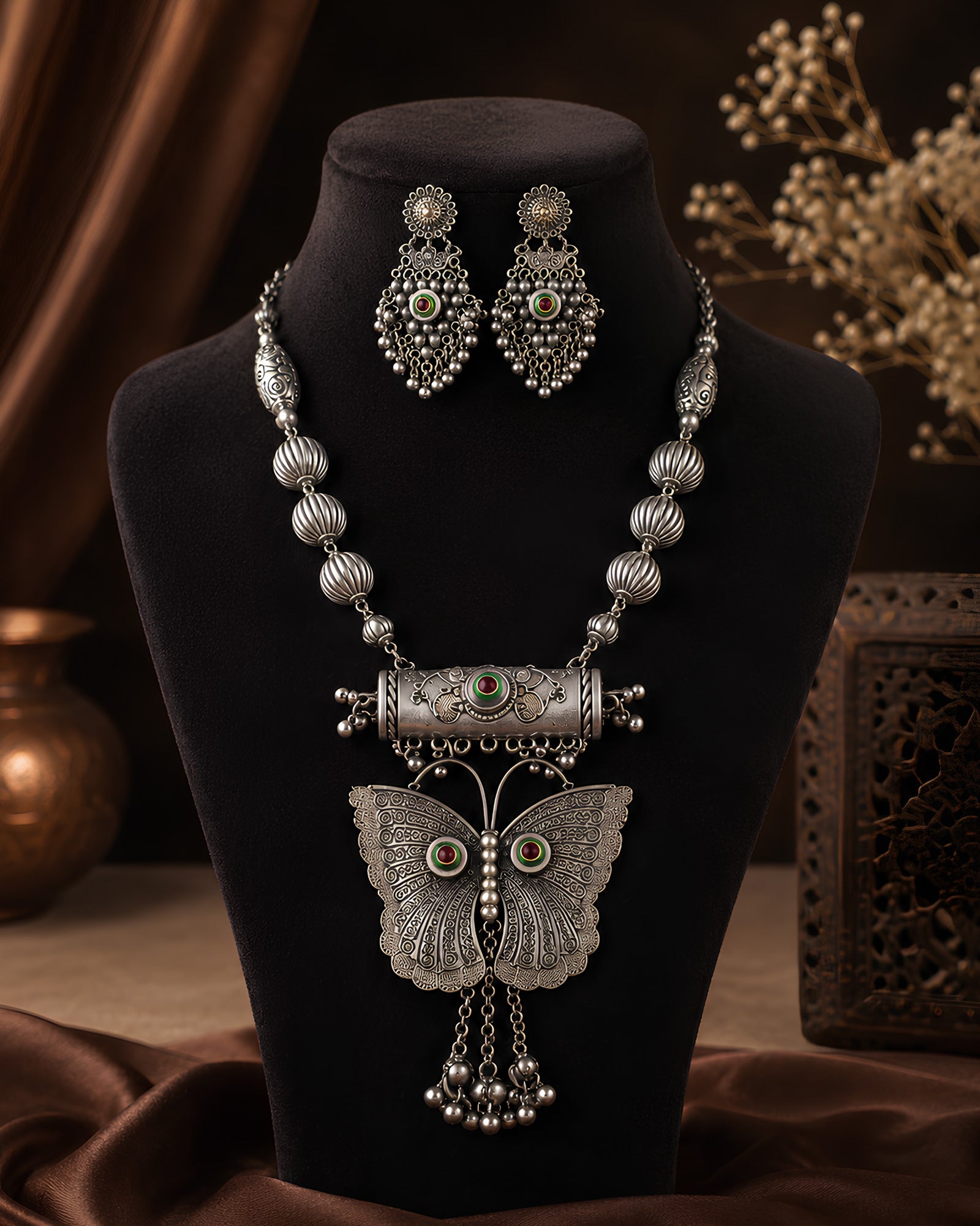 Oxidized Silver Beaded Butterfly Pendant Necklace