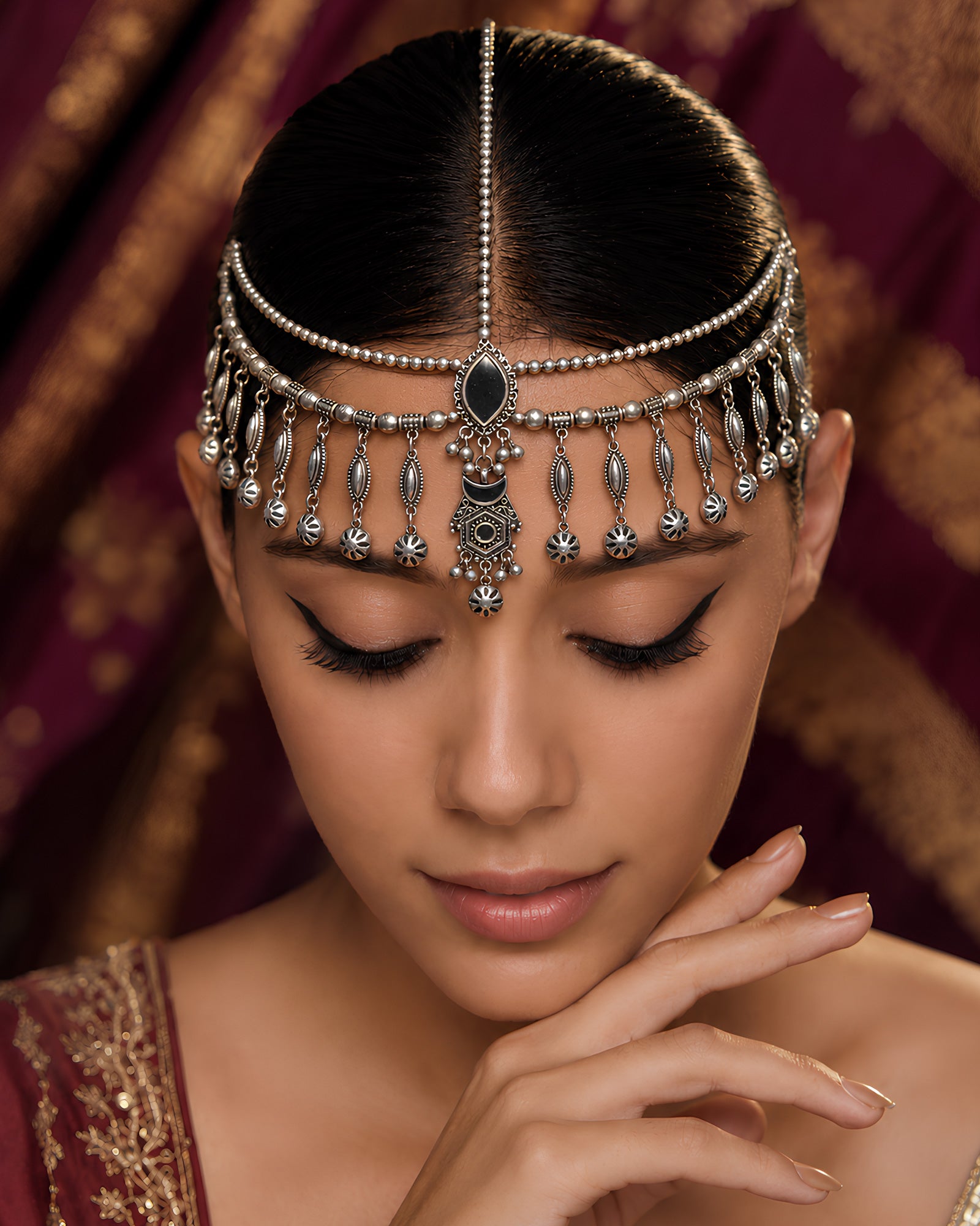 Oxidized Silver Black Onyx Marquise & Tribal Droplet Matha Patti