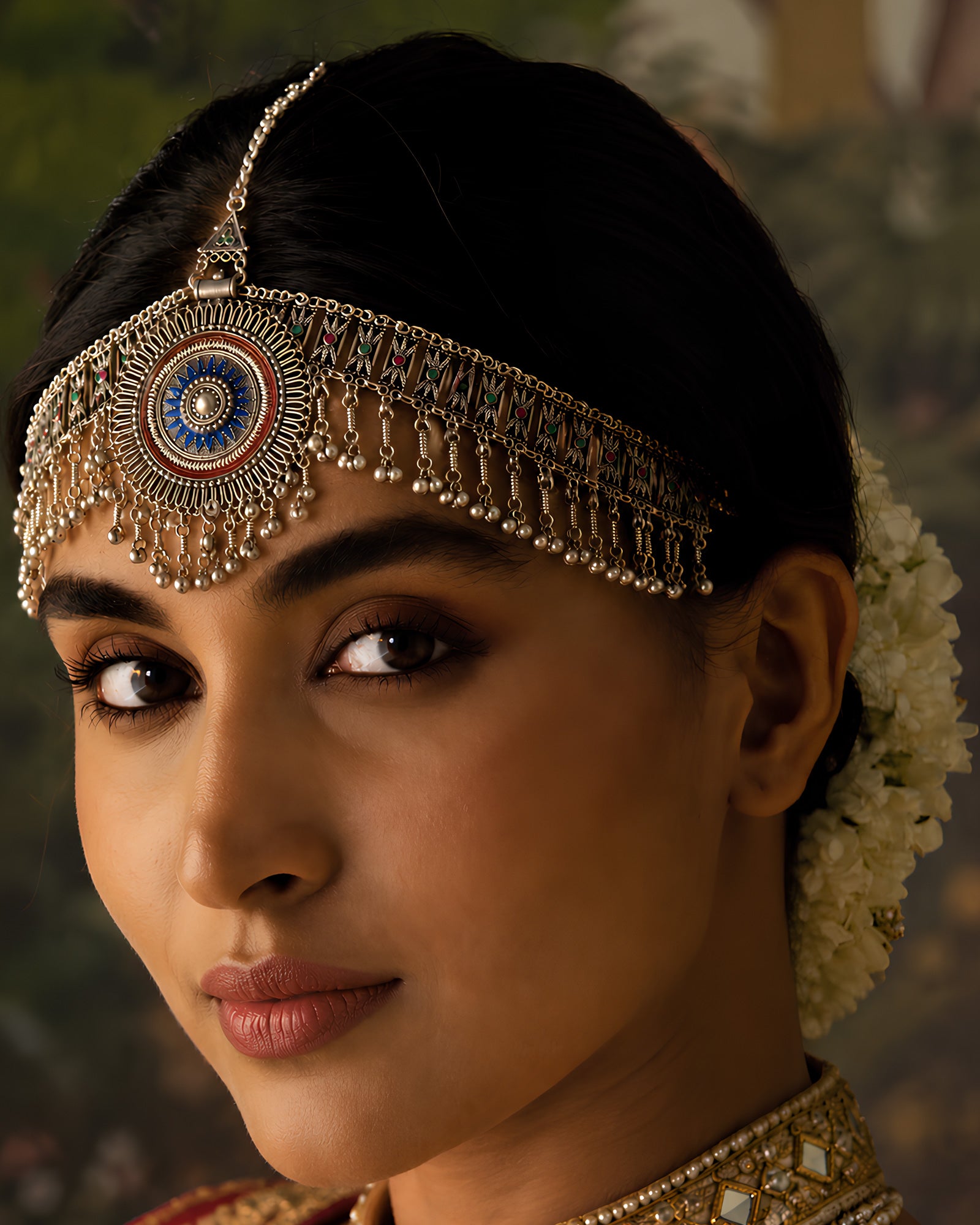 Oxidized Silver Blue Meenakari Sunburst & Kemp-Accented Matha Patti