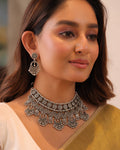 Oxidized Silver Coin & Floral Statement Choker Necklace