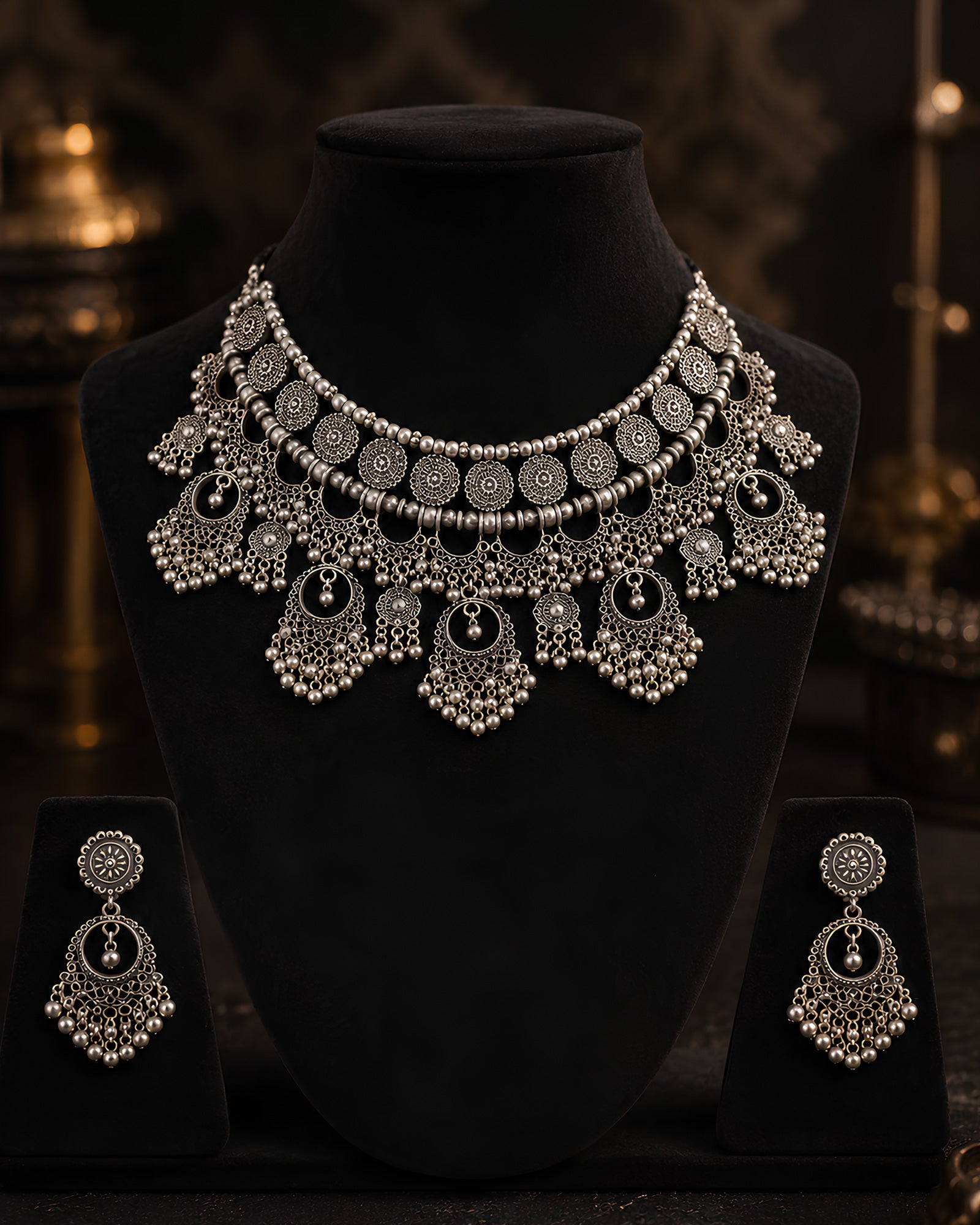 Oxidized Silver Coin & Floral Statement Choker Necklace