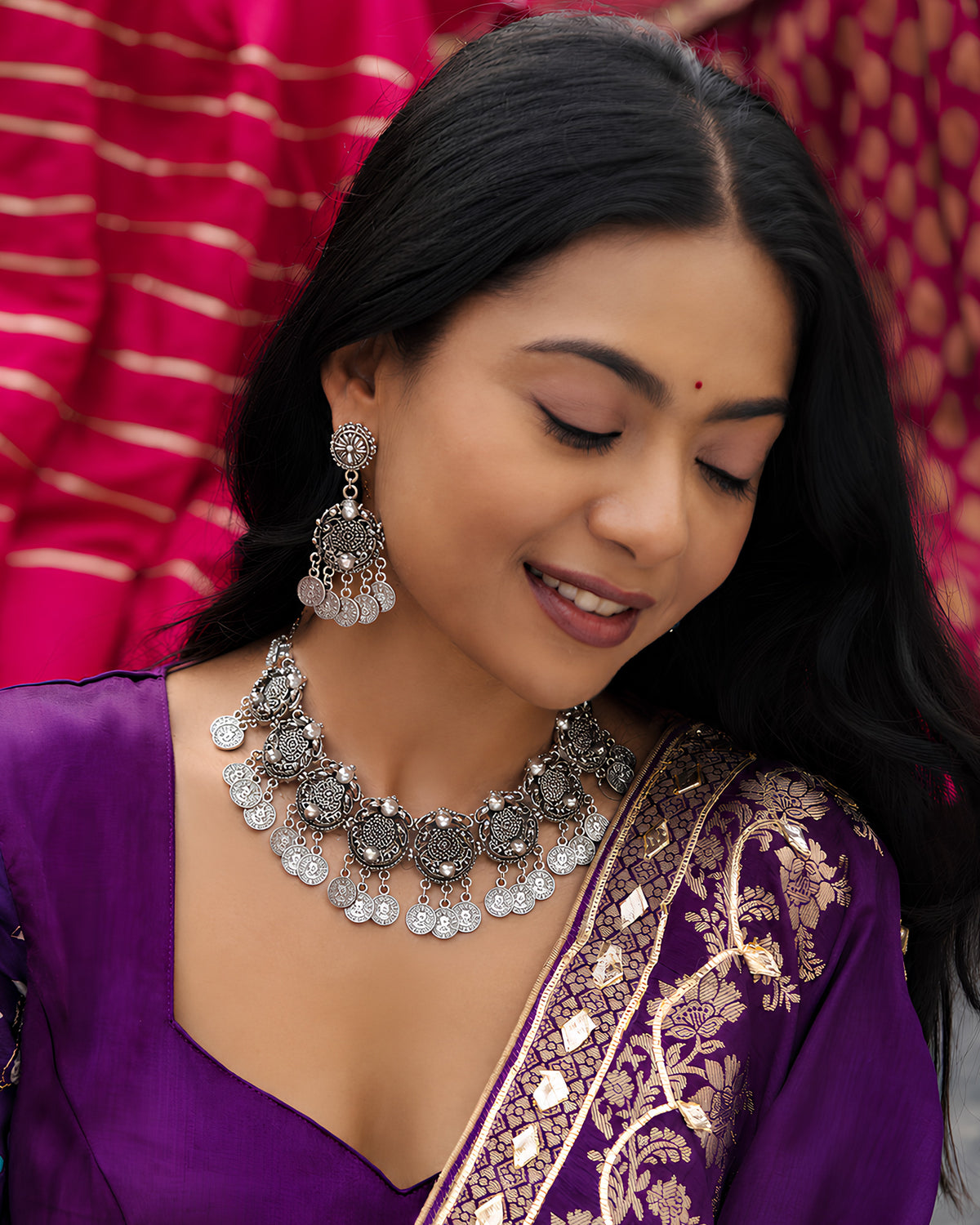 Oxidized Silver Coin Choker Necklace Set