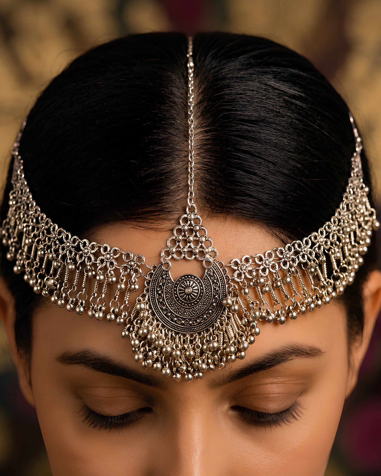 Oxidized Silver Concentric Chandbali & Ghungroo-Fringed Matha Patti