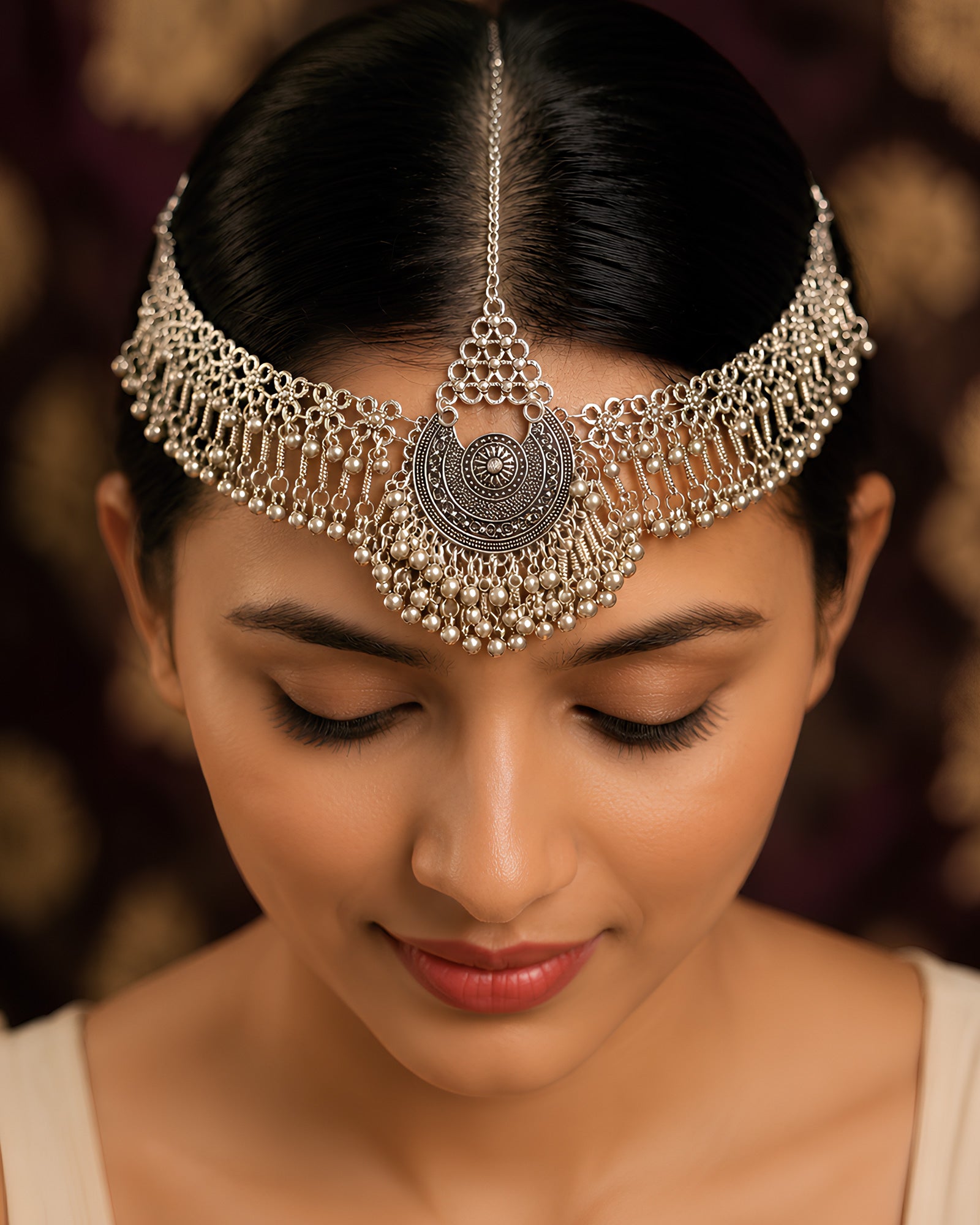 Oxidized Silver Concentric Chandbali & Ghungroo-Fringed Matha Patti