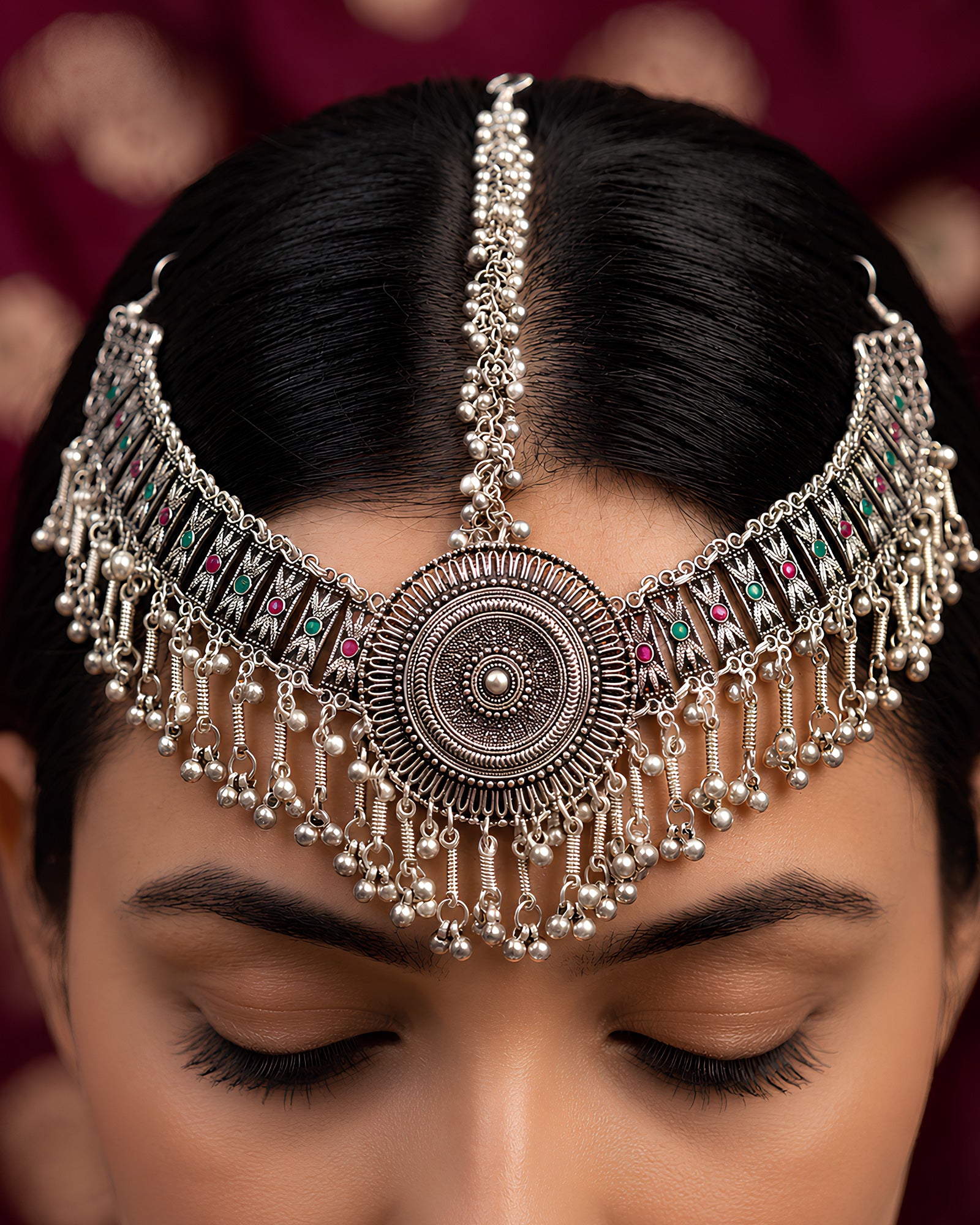 Oxidized Silver Concentric Medallion & Kemp-Accented Matha Patti
