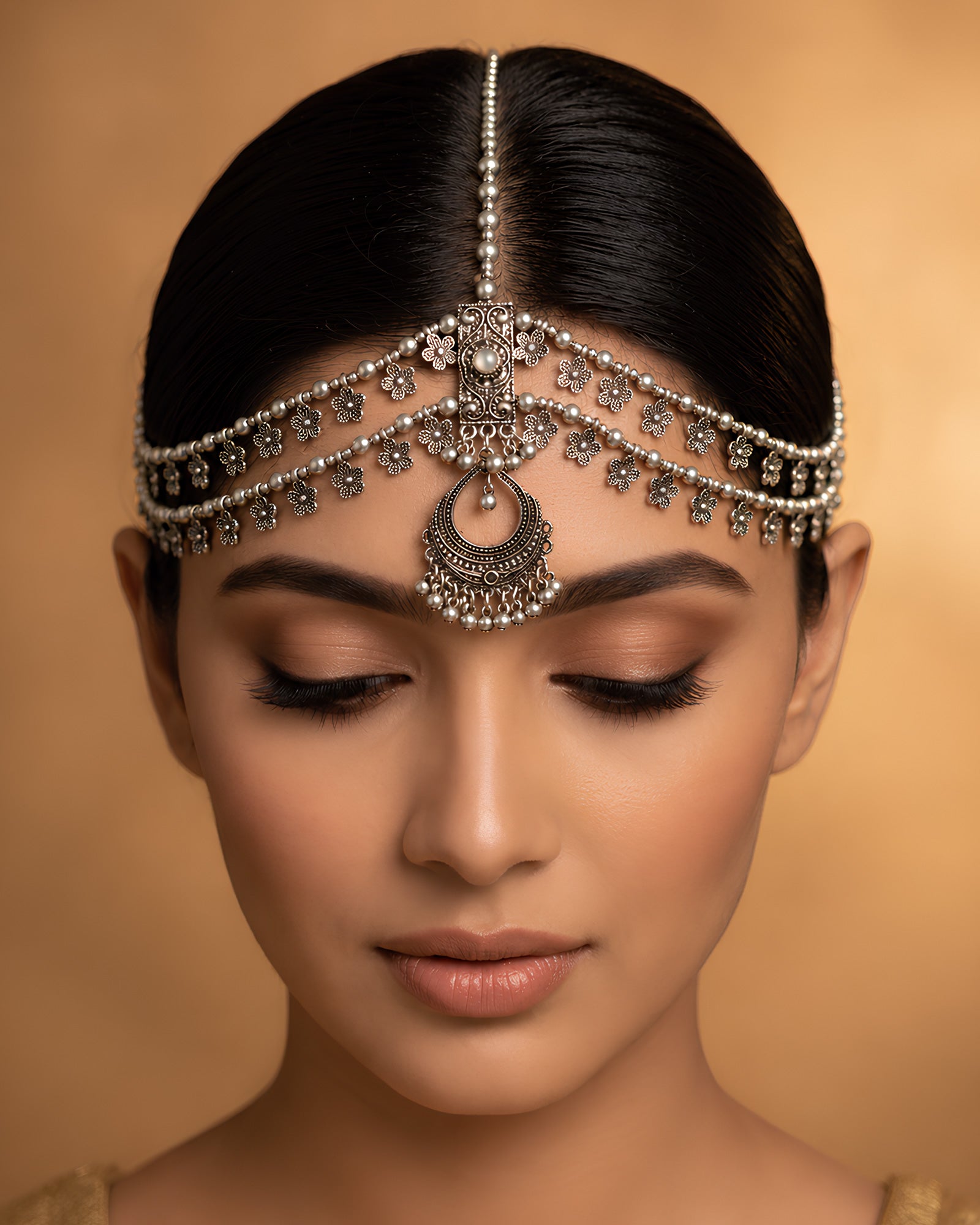 Oxidized Silver Crescent Pendant & Multi-Layered Floral Matha Patti