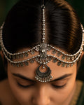 Oxidized Silver Crescent Pendant & Multi-Layered Floral Matha Patti