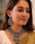Oxidized Silver Filigree Medallion & Jhumka Necklace