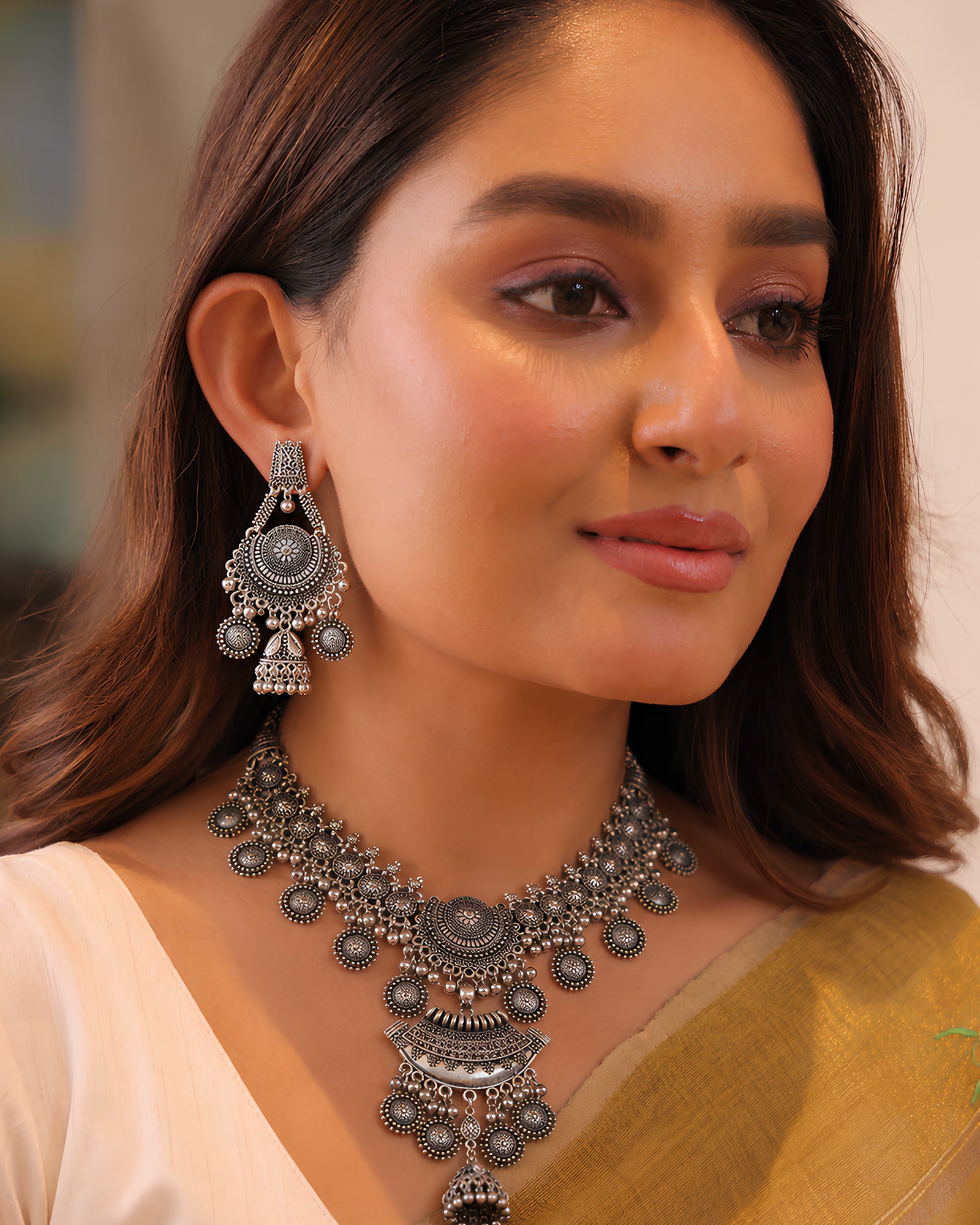 Oxidized Silver Filigree Medallion & Jhumka Necklace