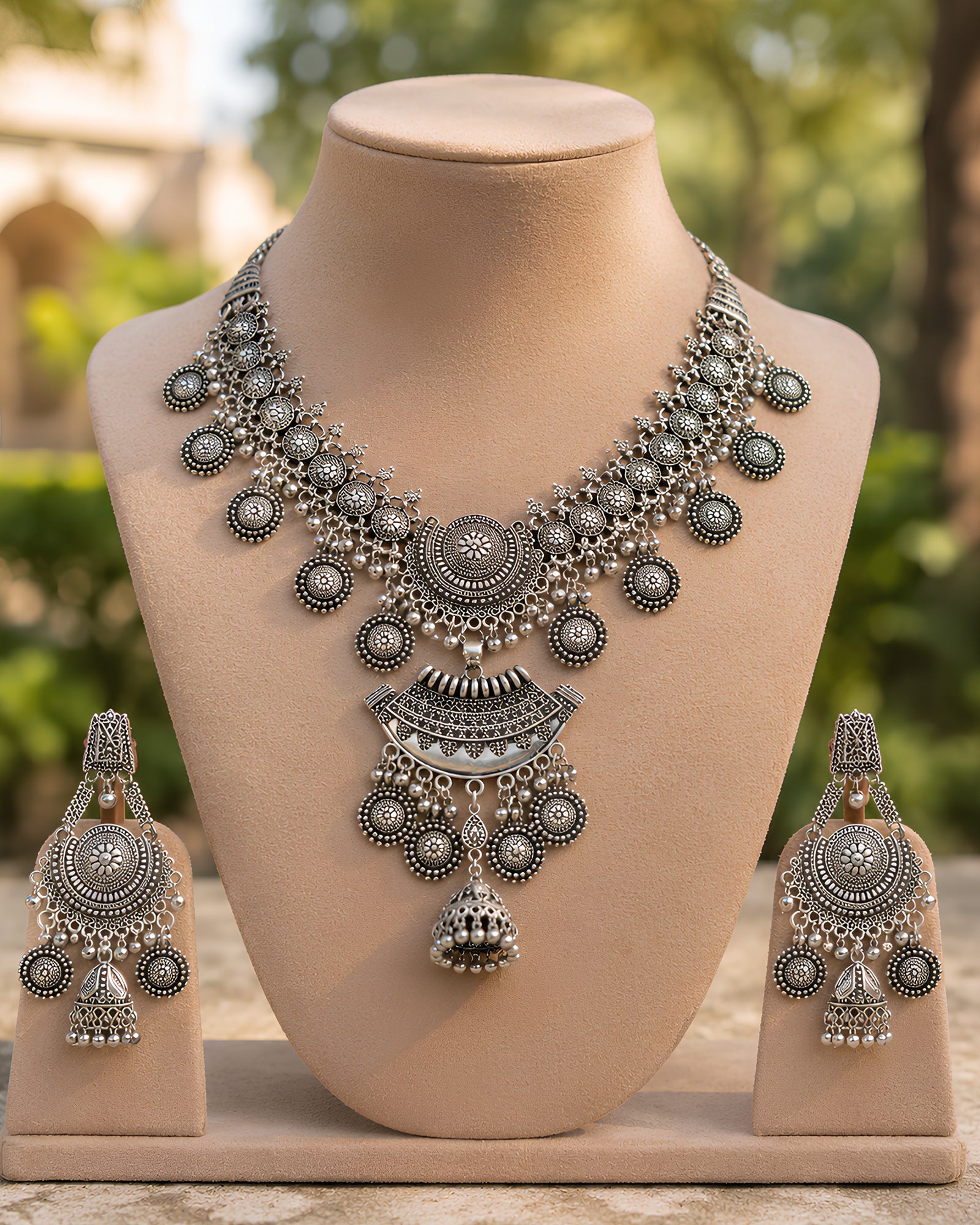 Oxidized Silver Filigree Medallion & Jhumka Necklace