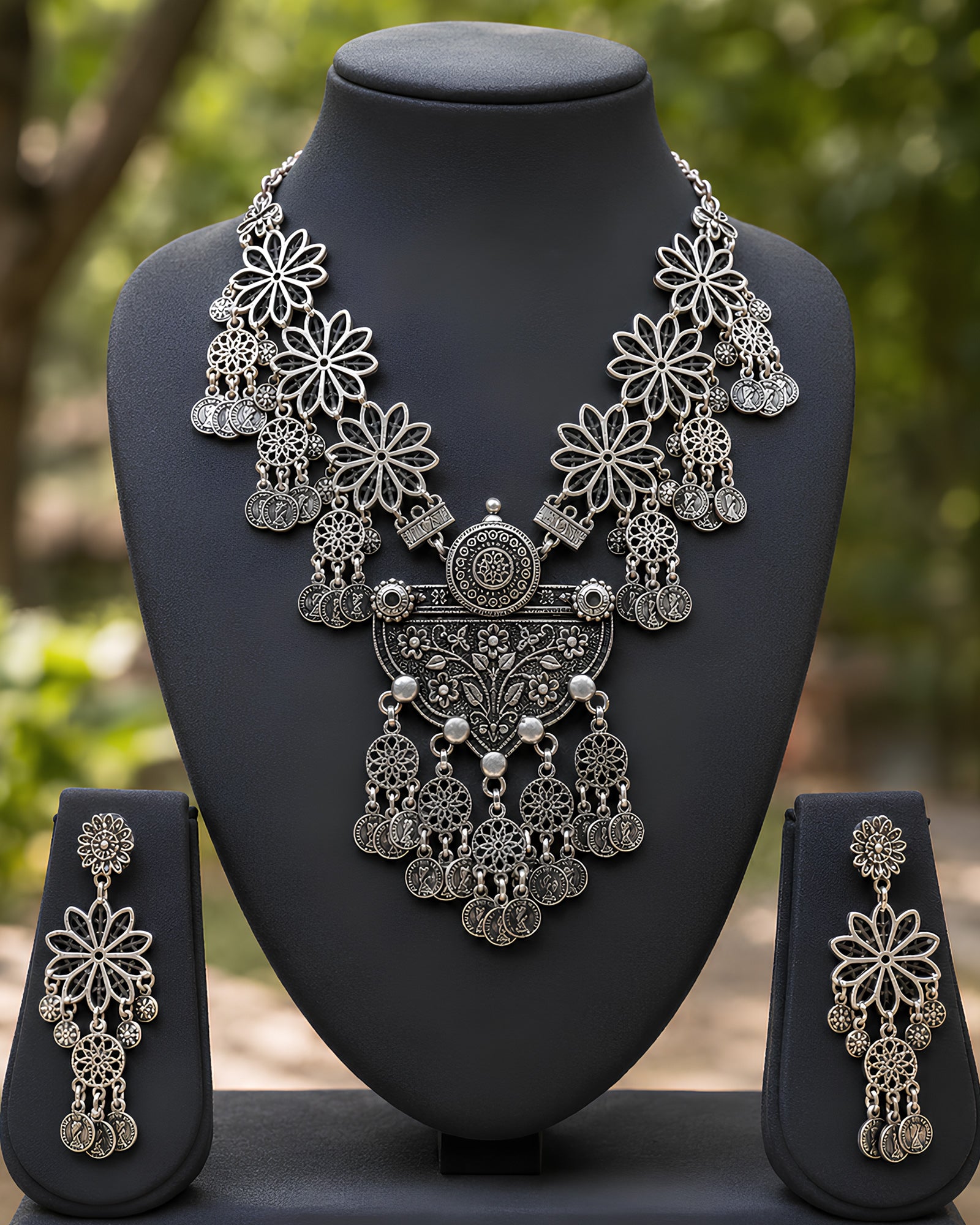 Oxidized Silver Floral & Shield Statement Necklace