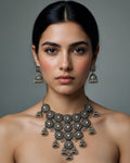 Oxidized Silver Floral Cluster & Jhumka Necklace