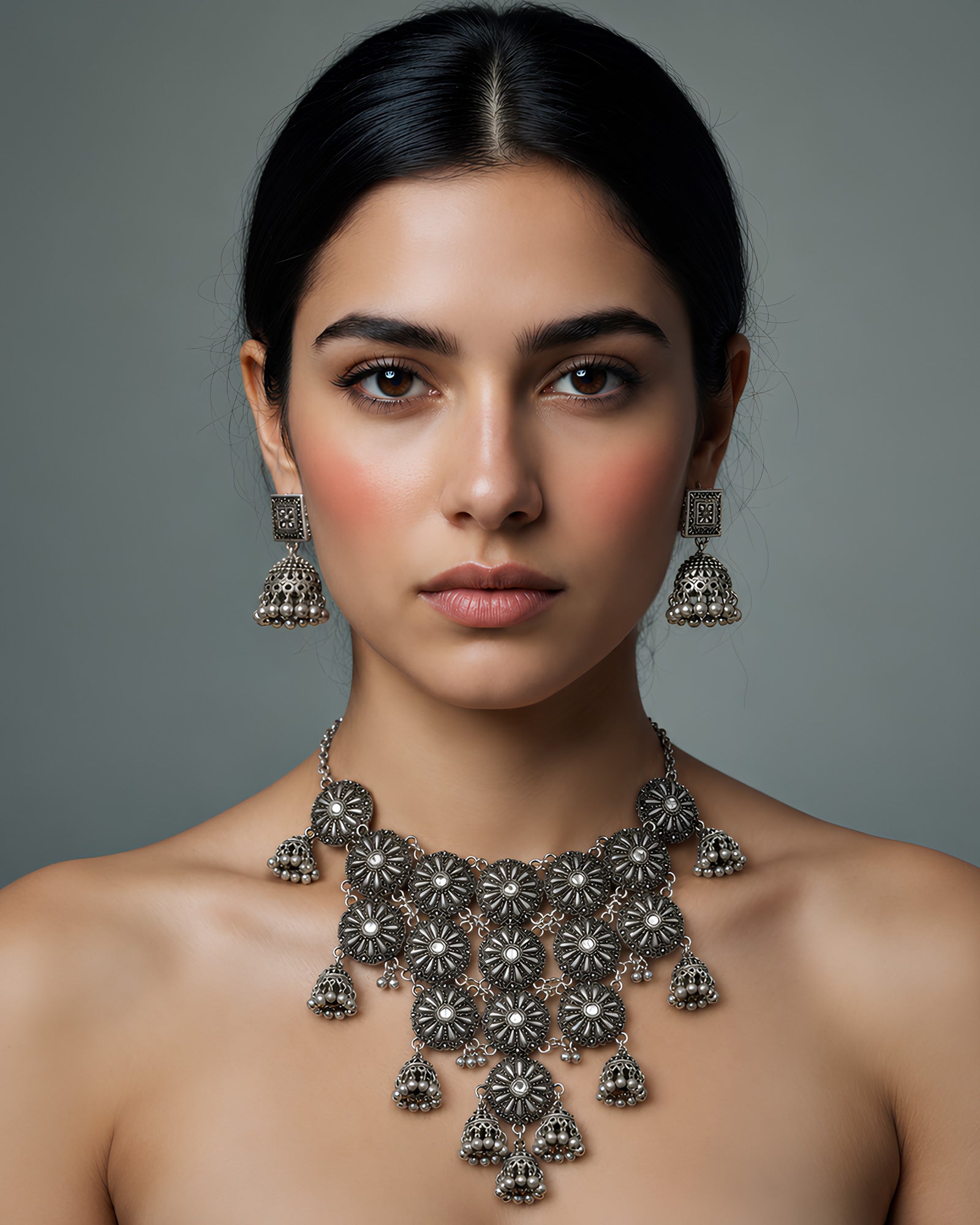Oxidized Silver Floral Cluster & Jhumka Necklace