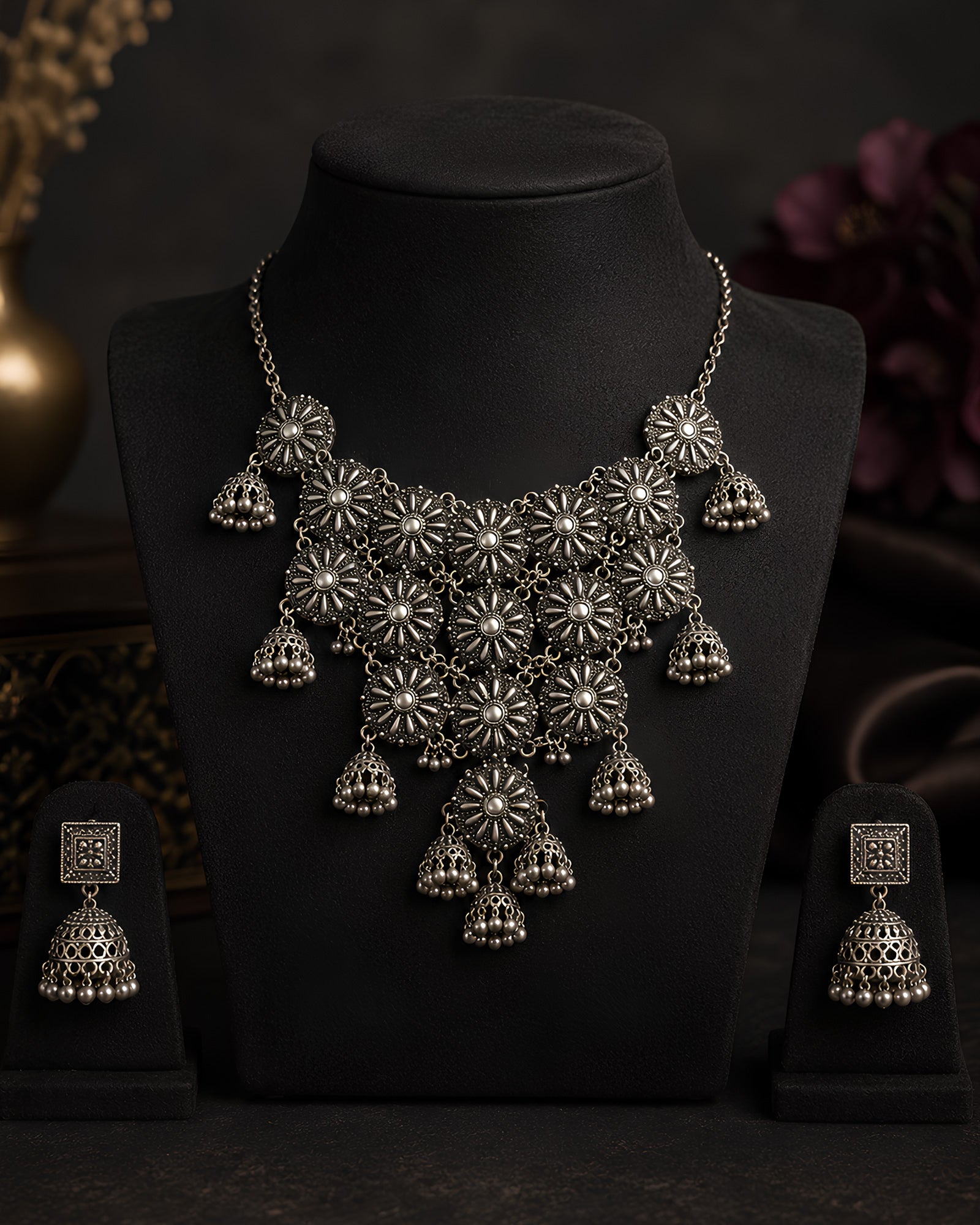 Oxidized Silver Floral Cluster & Jhumka Necklace