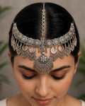 Oxidized Silver Floral Medallion & Crescent Fringed Matha Patti