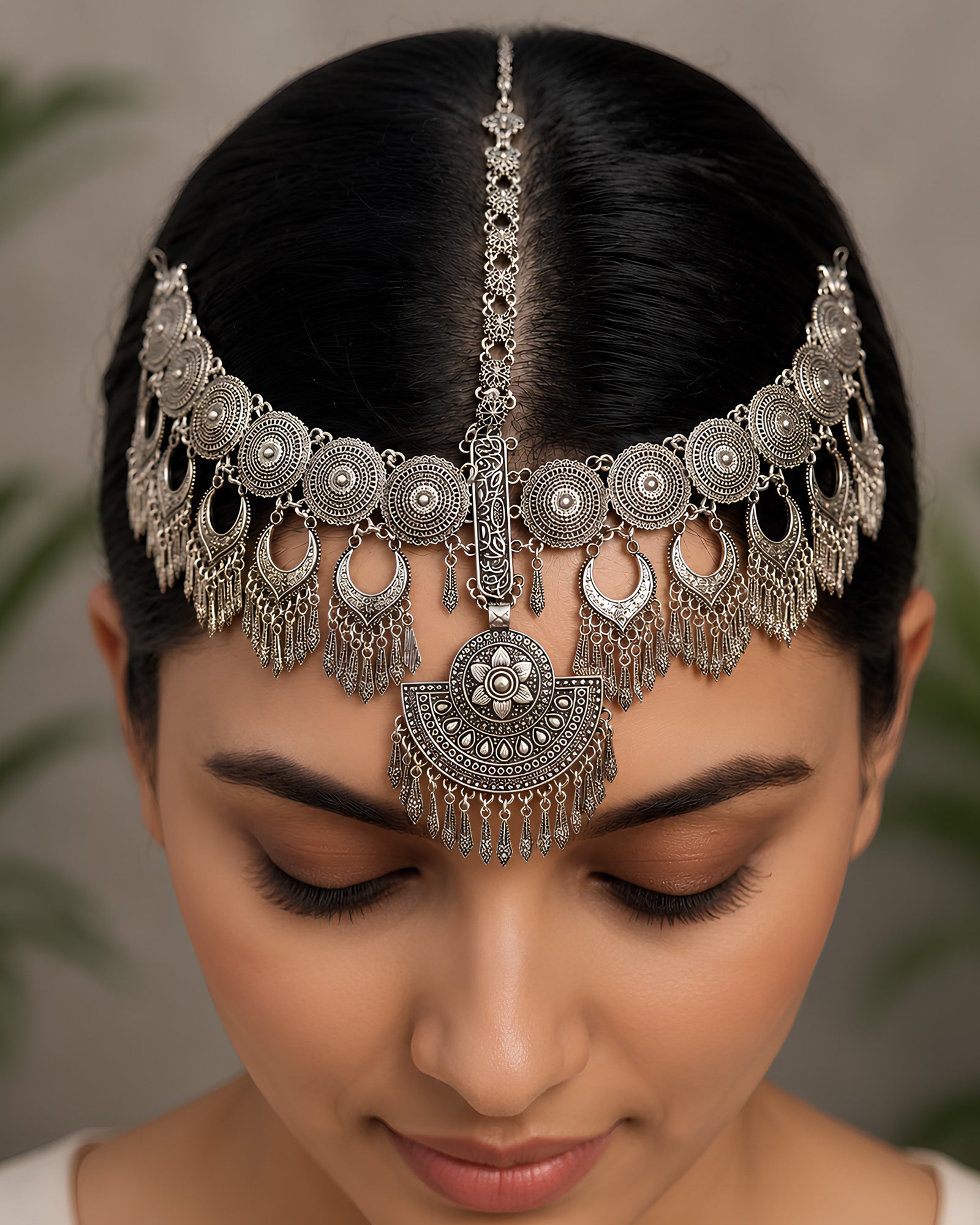Oxidized Silver Floral Medallion & Crescent Fringed Matha Patti