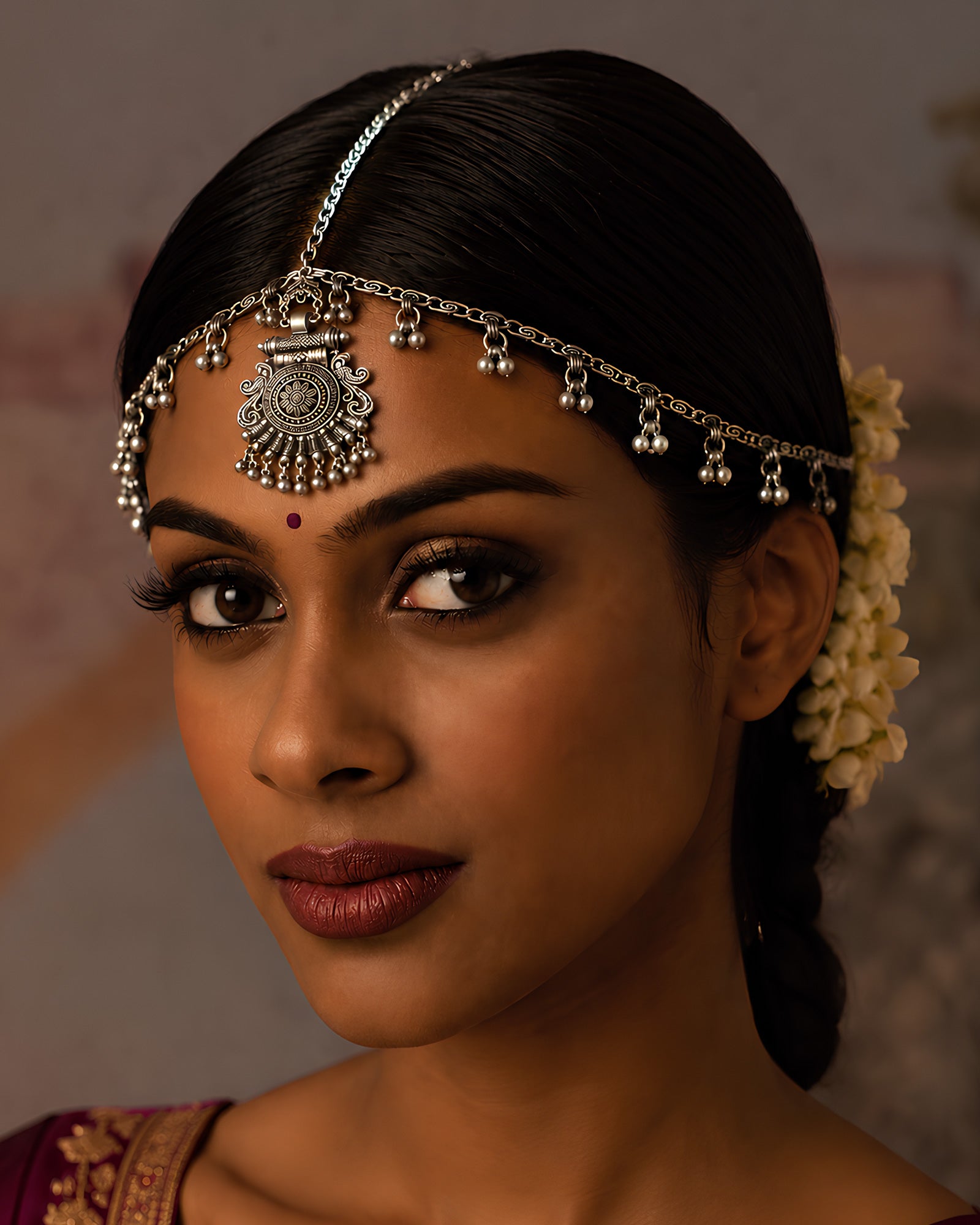 Oxidized Silver Floral Medallion & Ghungroo-Droplet Matha Patti