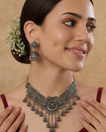 Oxidized Silver Floral Motif Jhumka Choker Necklace