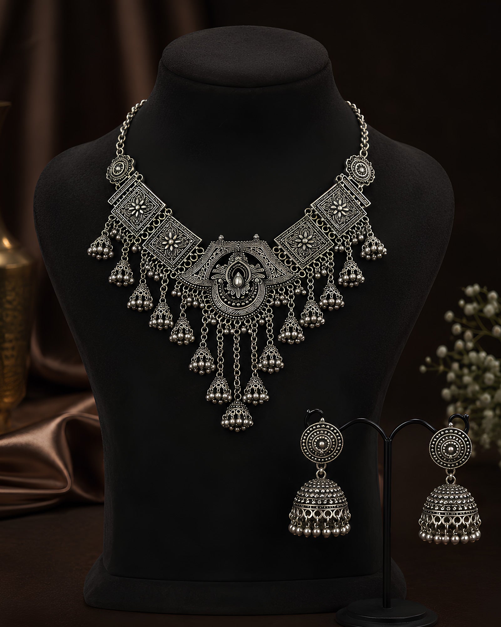 Oxidized Silver Floral Motif Jhumka Choker Necklace