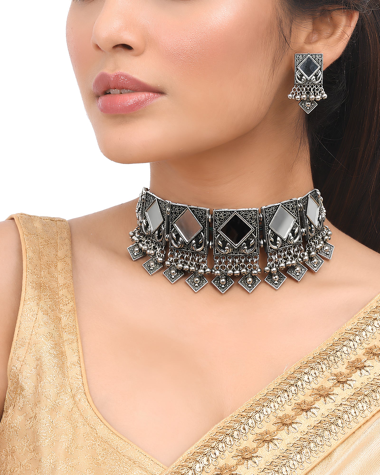 Oxidized Silver Geometric Mirror & Beaded Choker Necklace