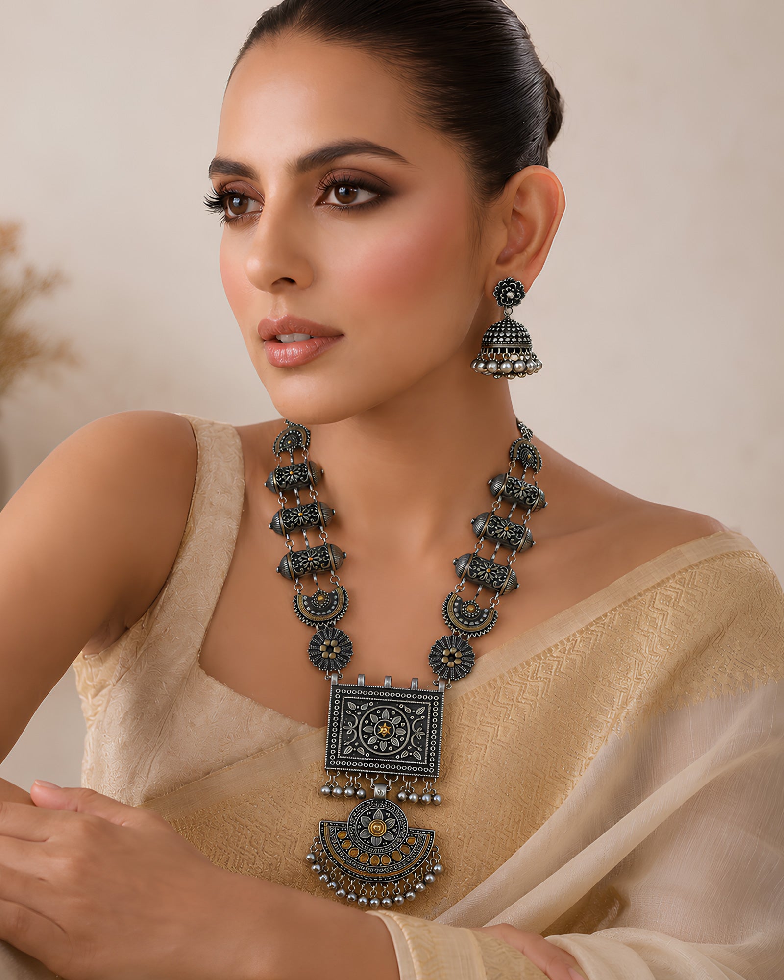 Oxidized Silver Geometric Pendant Long Necklace Set