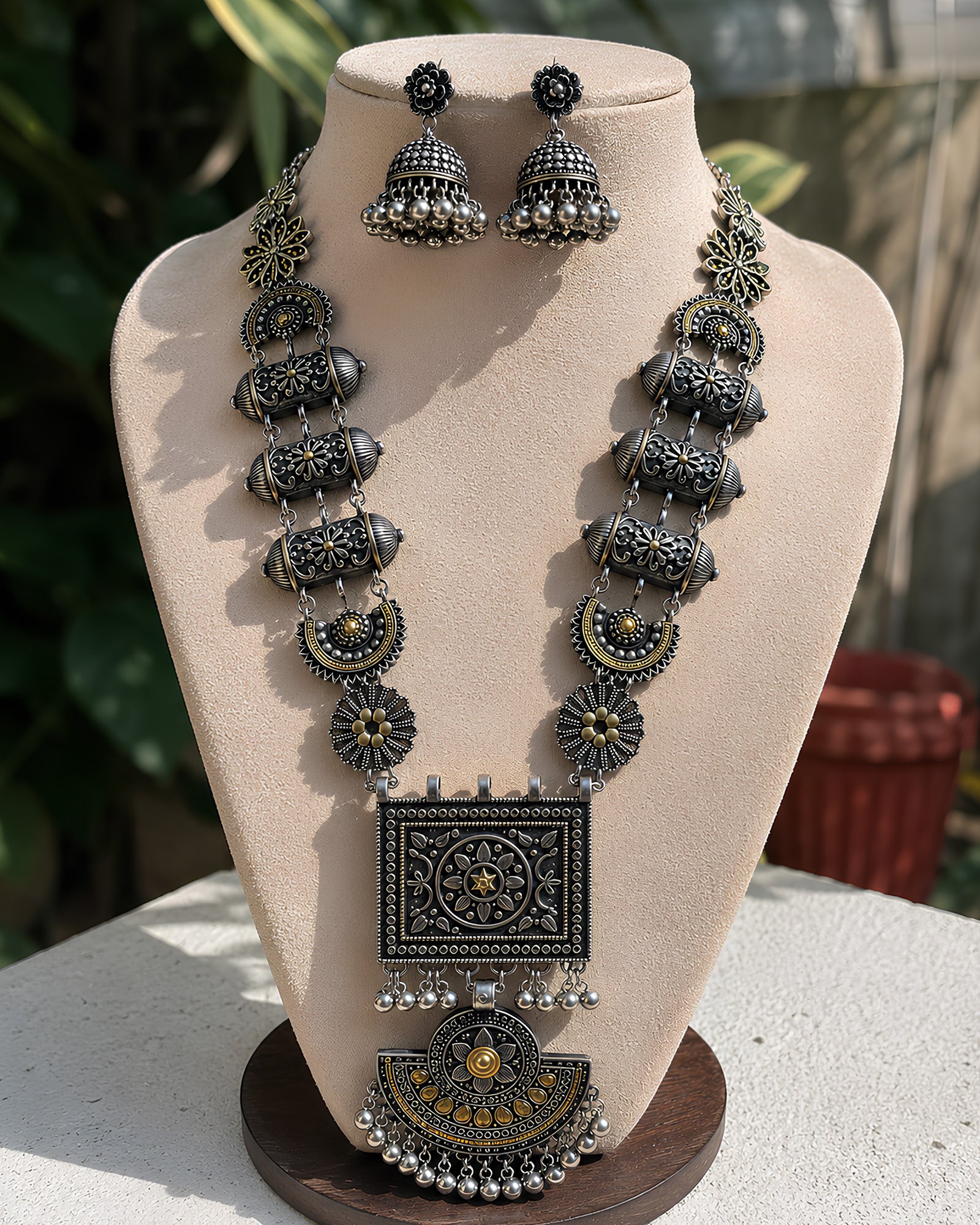 Oxidized Silver Geometric Pendant Long Necklace Set