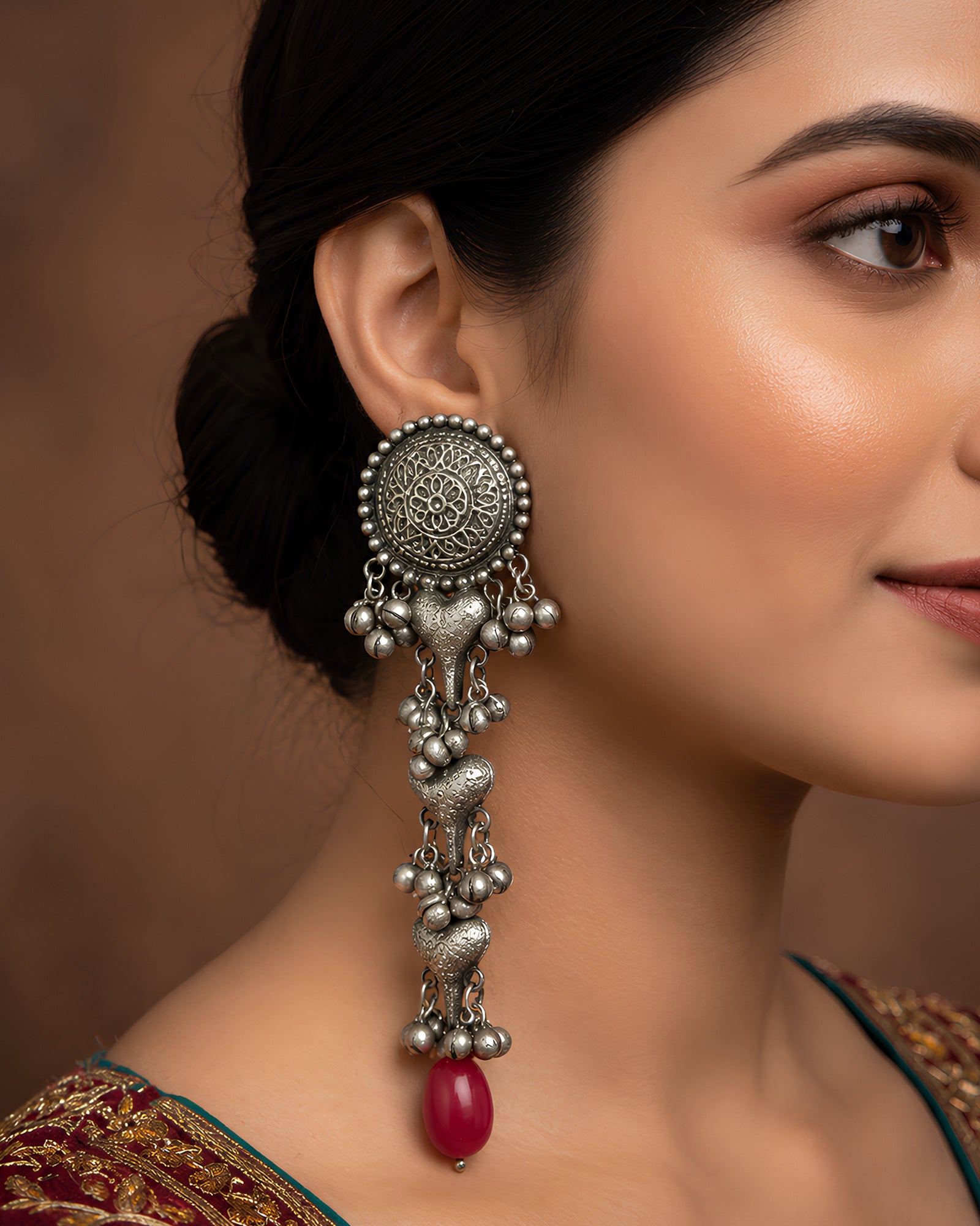 Oxidized Silver Heart & Bead Tassel Earrings