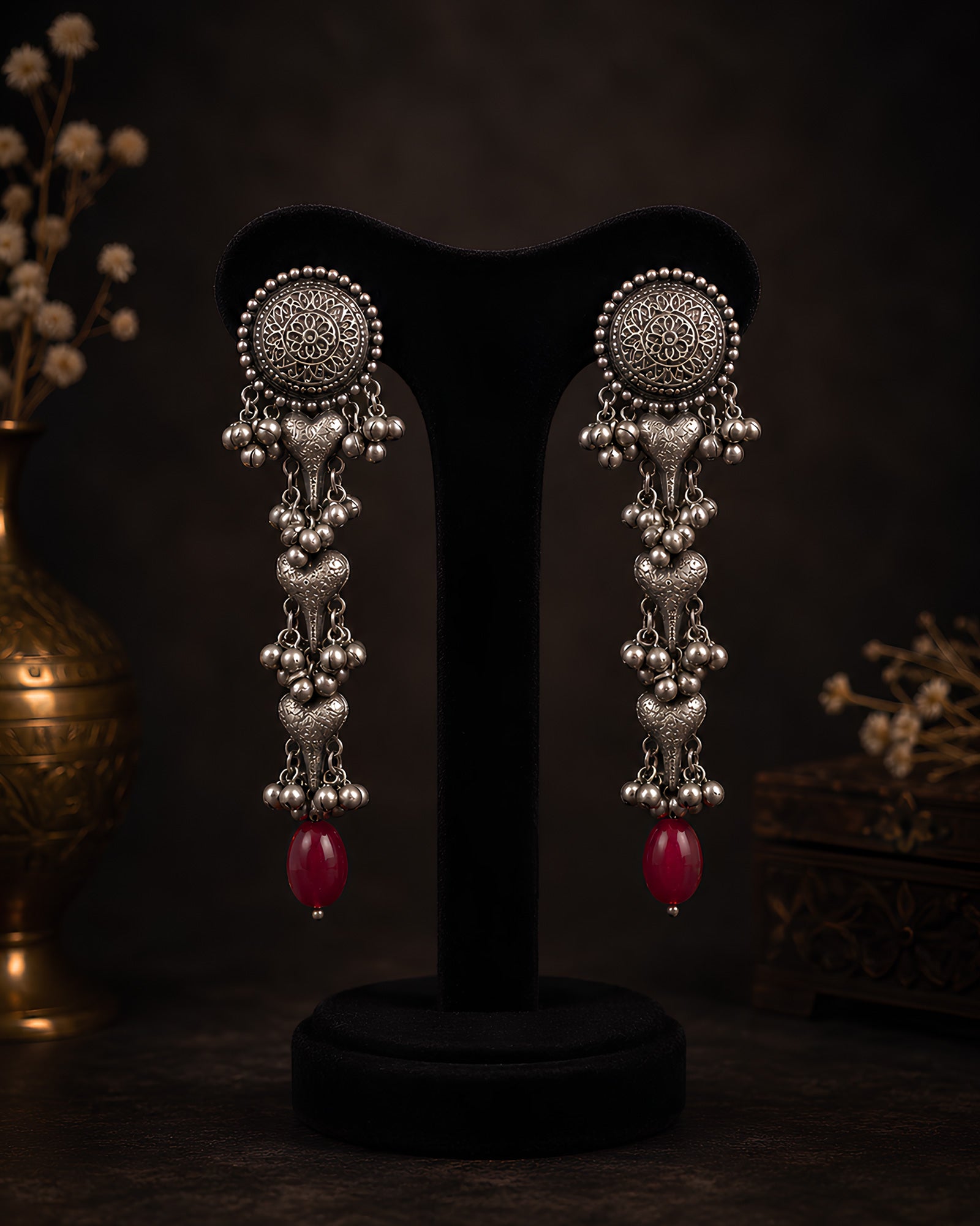 Oxidized Silver Heart & Bead Tassel Earrings