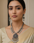 Oxidized Silver Heart-Charm & Floral Pendant Necklace