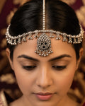 Oxidized Silver Leaf-Textured Shield Mirror & Ghungroo Matha Patti