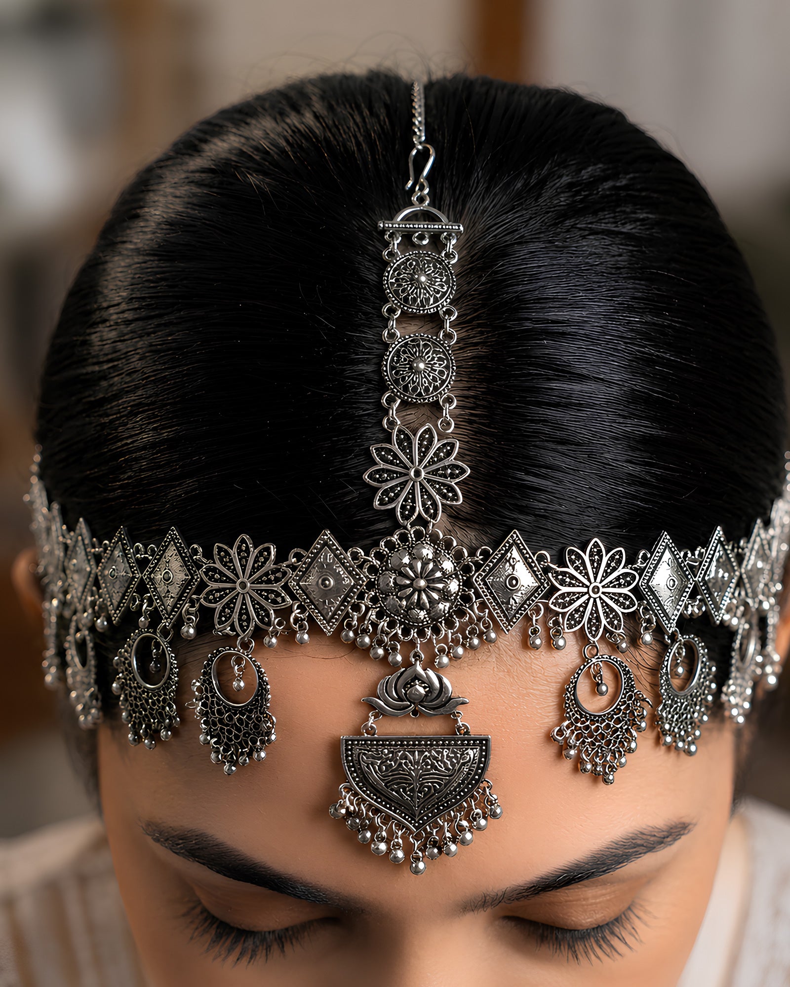 Oxidized Silver Lotus Shield & Geometric Floral Matha Patti