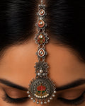 Oxidized Silver Meenakari Lotus Medallion & Kundan Maang Tikka
