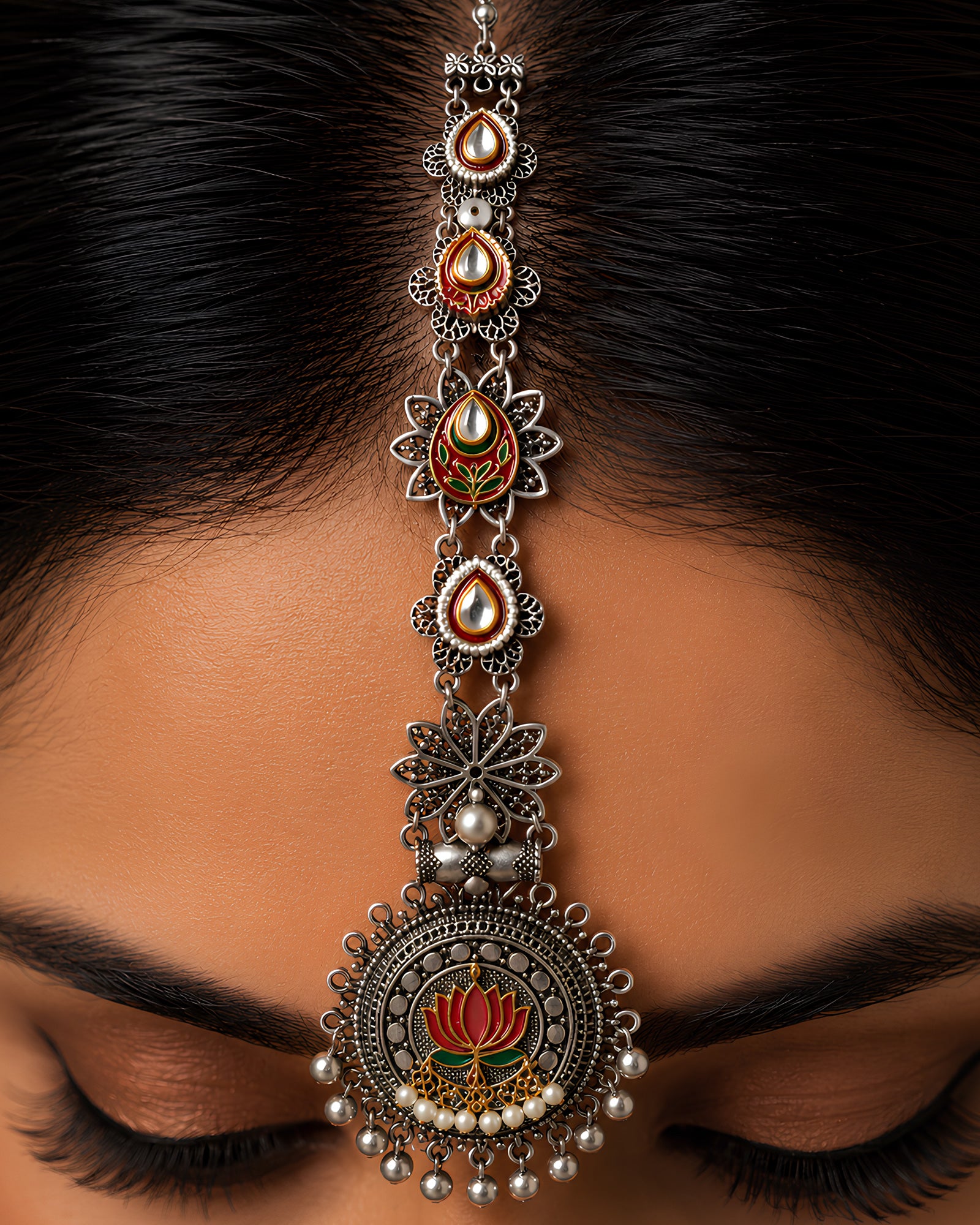 Oxidized Silver Meenakari Lotus Medallion & Kundan Maang Tikka