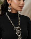 Oxidized Silver Mirror & Tribal Pendant Long Necklace