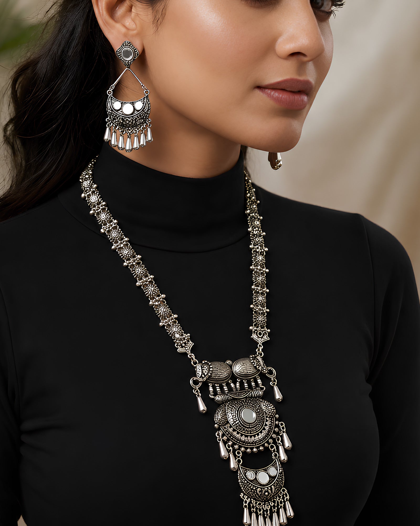 Oxidized Silver Mirror & Tribal Pendant Long Necklace